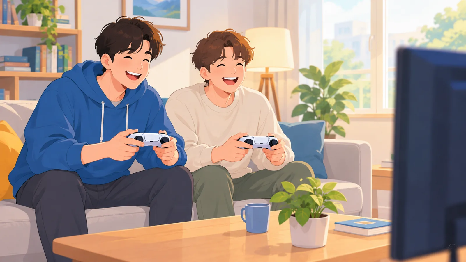 ソファで一緒にゲームを楽しむ友人二人