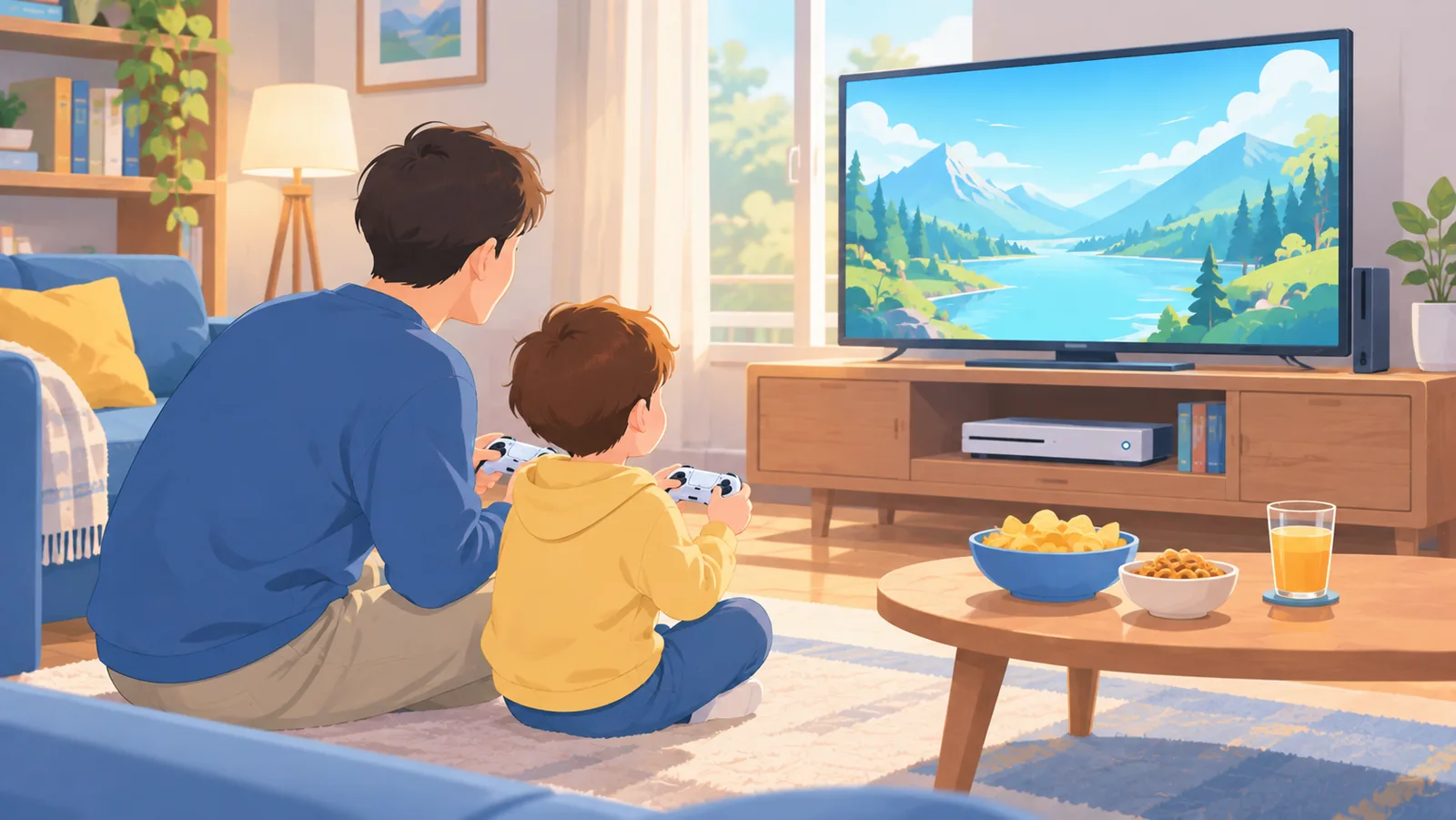 リビングで親子がゲームを楽しむ様子