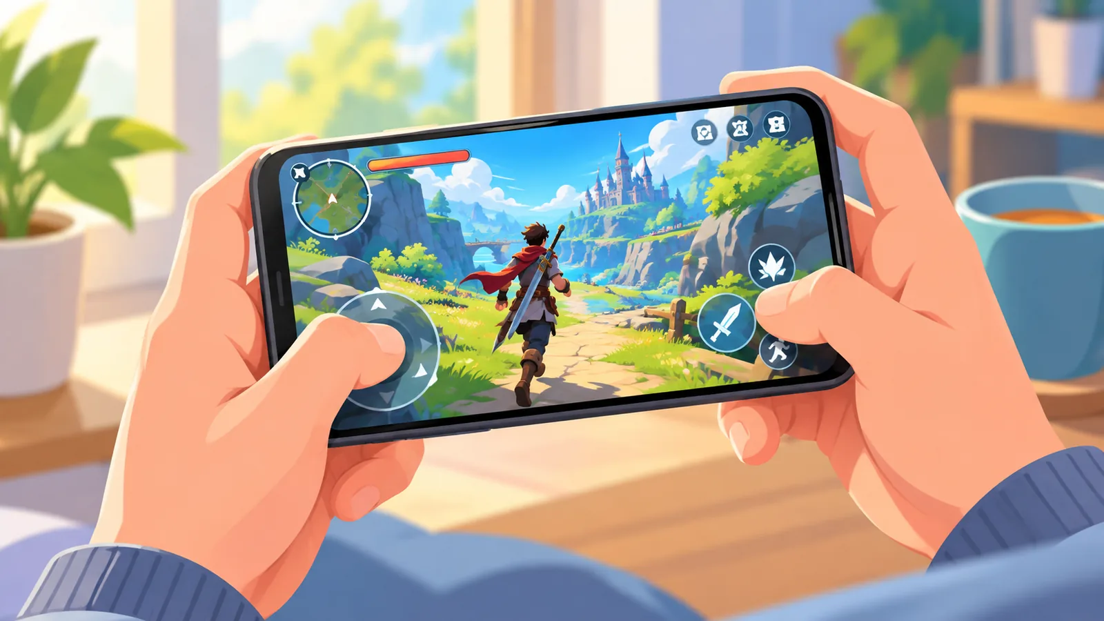 Androidスマホを横向きに持ち、タッチ操作でゲームを遊ぶ手元