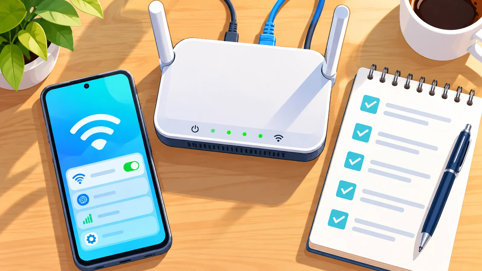 スマホとWi‑Fiルーターとチェックリストを並べた机の上
