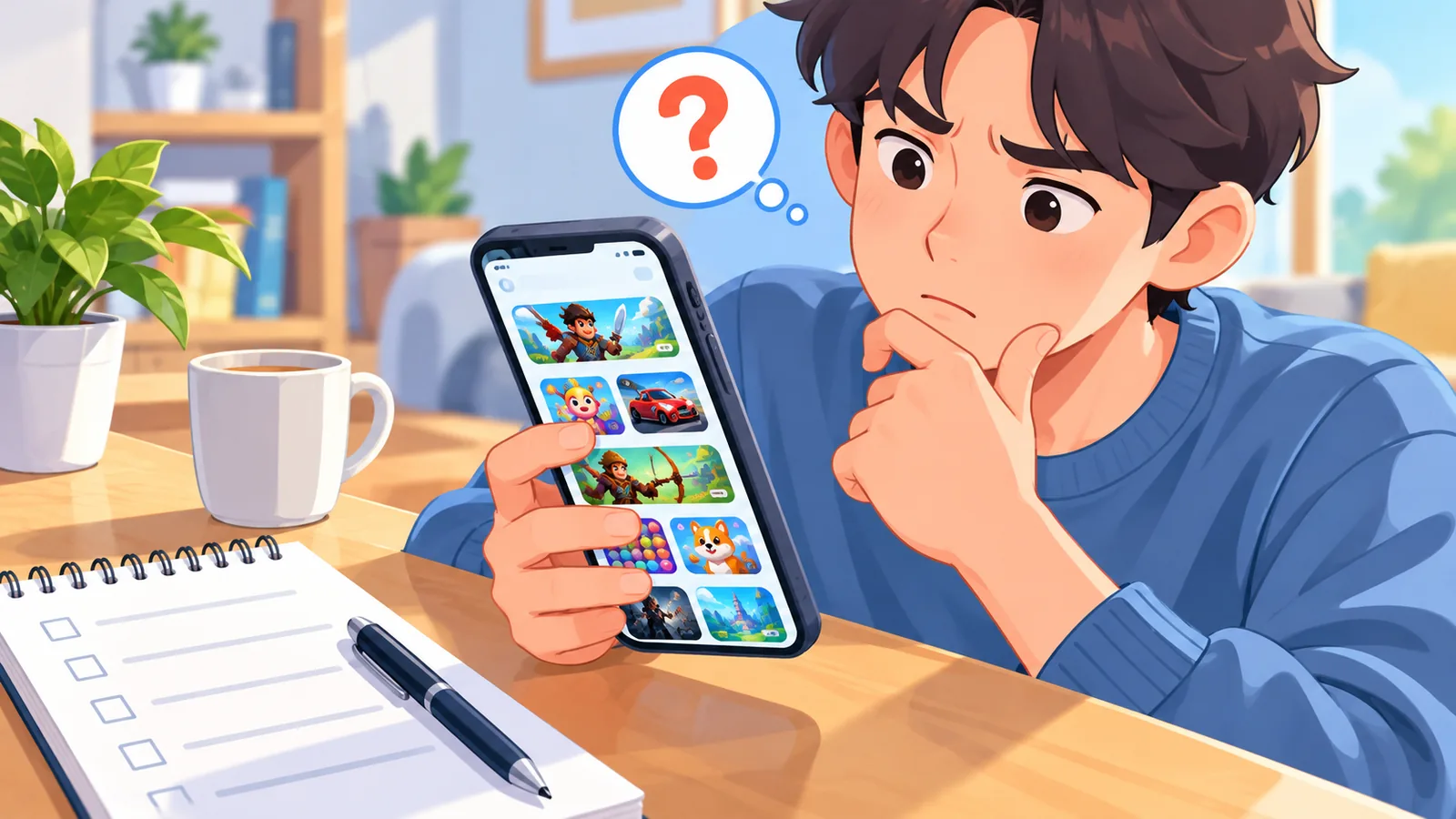 スマホでゲーム一覧を見ながら首をかしげる人