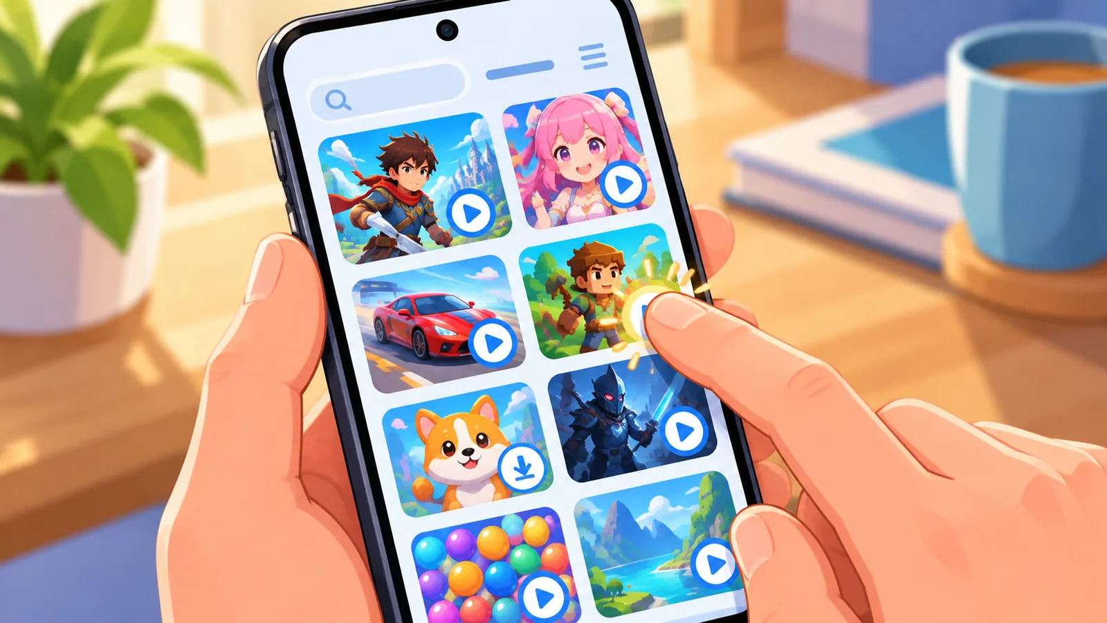 タッチアイコン付きのゲームが並ぶスマホ画面