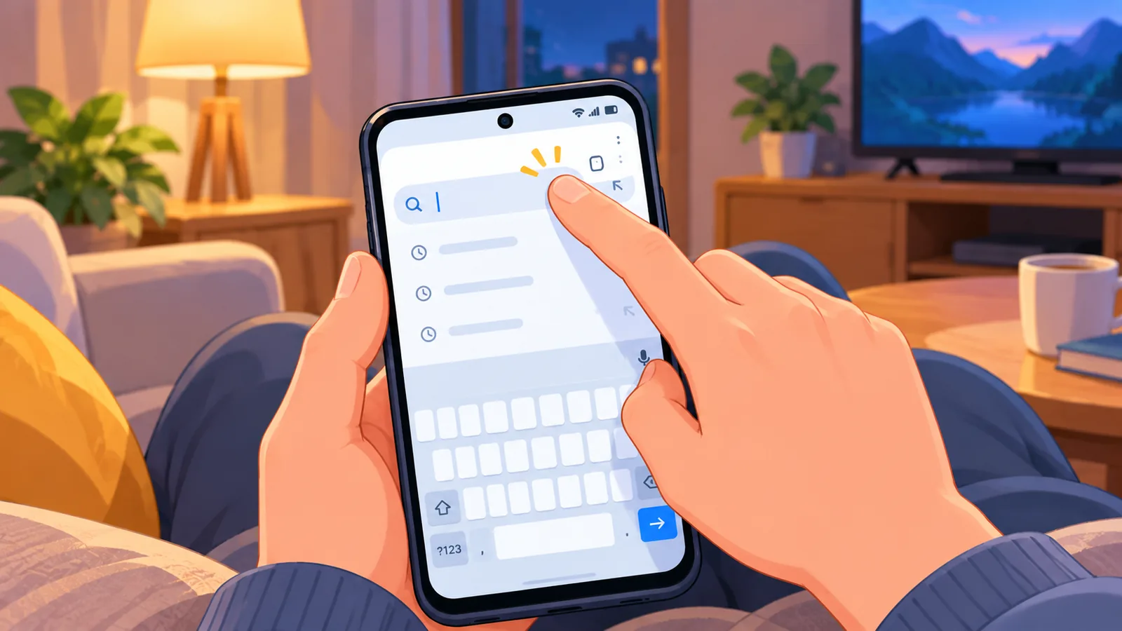ソファでAndroidのブラウザを操作する手元