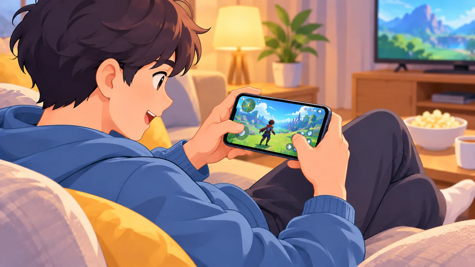ソファでくつろぎながらタッチ操作でゲームを楽しむ人