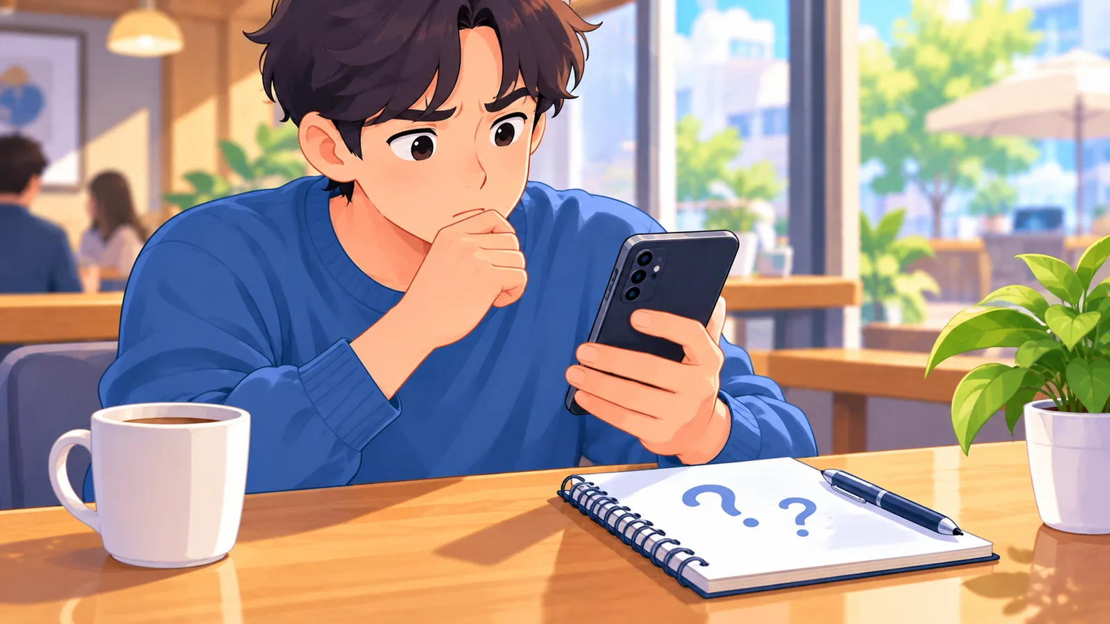 スマホを見ながら疑問を整理するカフェの様子