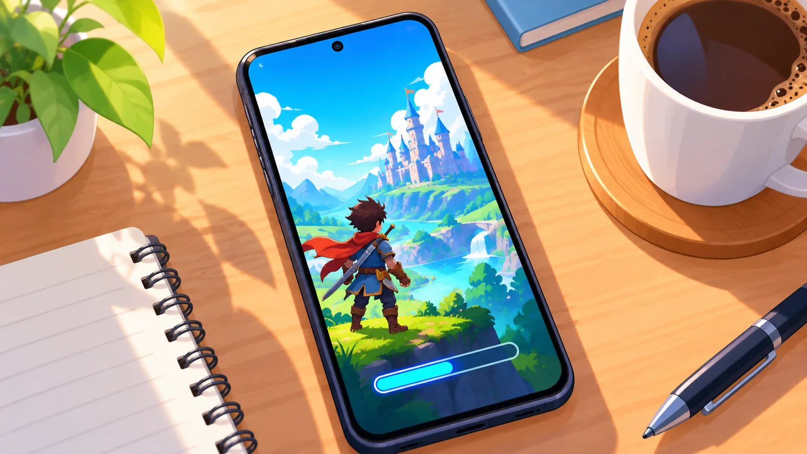 机の上でゲームの起動画面を表示するAndroidスマホ