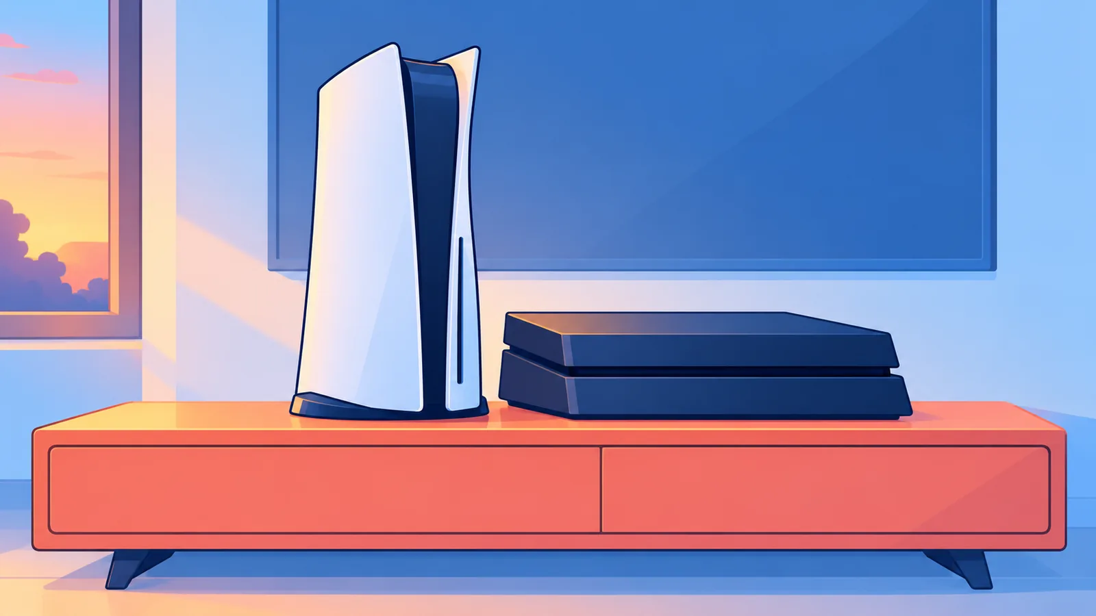 テレビ台に並べて置かれたPS5とPS4