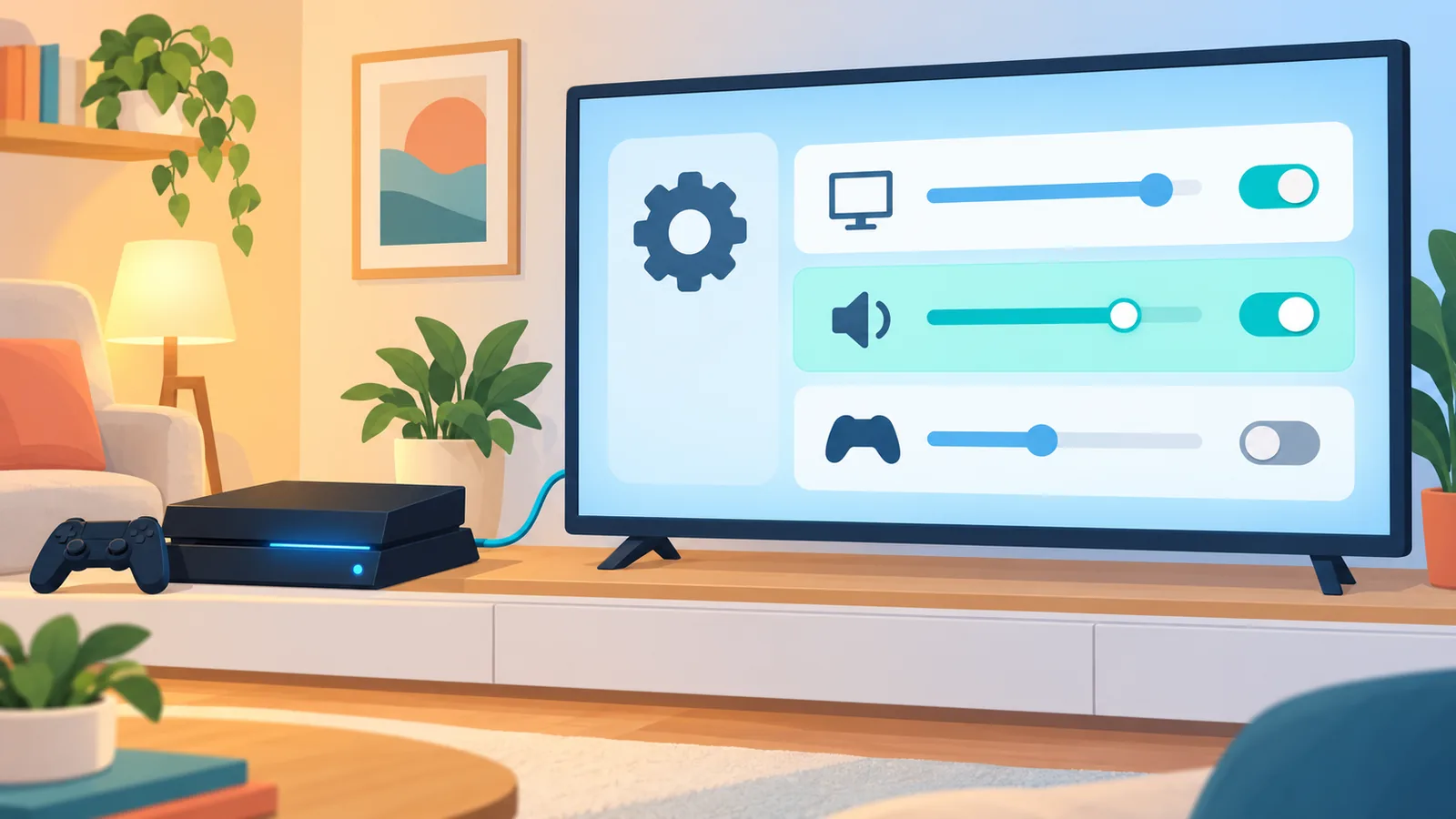 設定画面が表示されたテレビの前に置かれたPS4本体