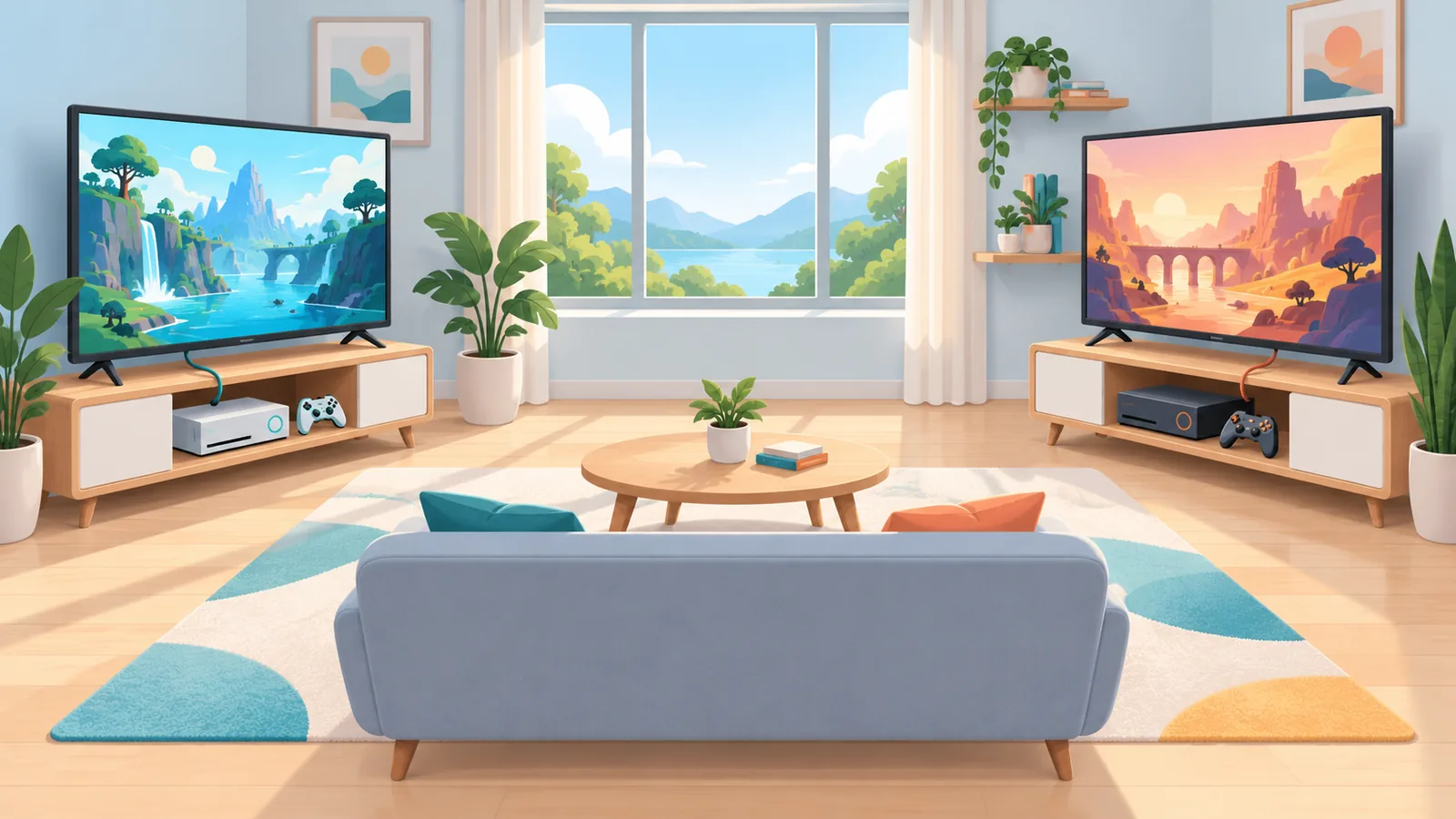 同じ家の中で2台のゲーム機がそれぞれテレビにつながっている様子