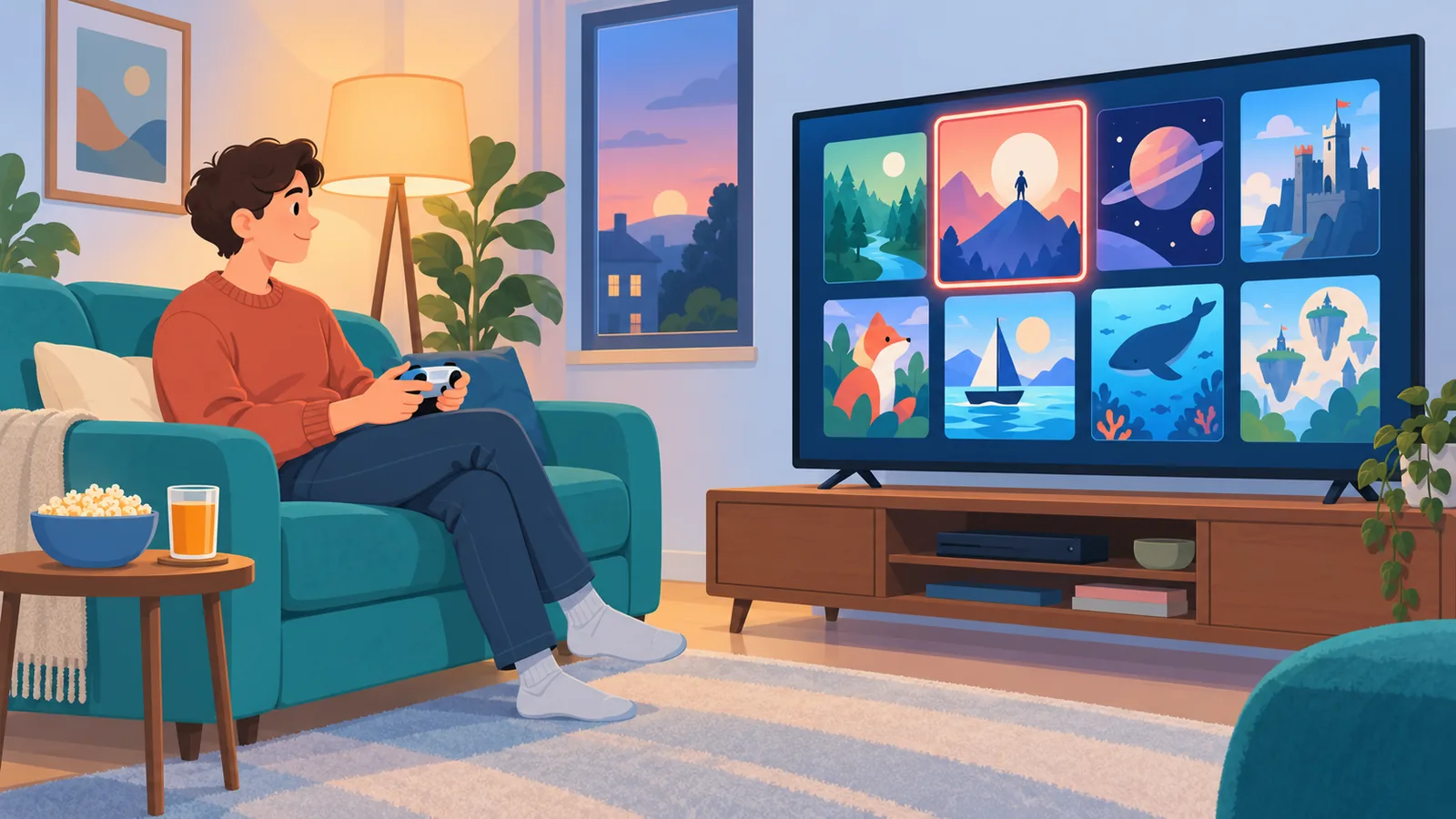 ソファからテレビでゲームライブラリを眺めている人