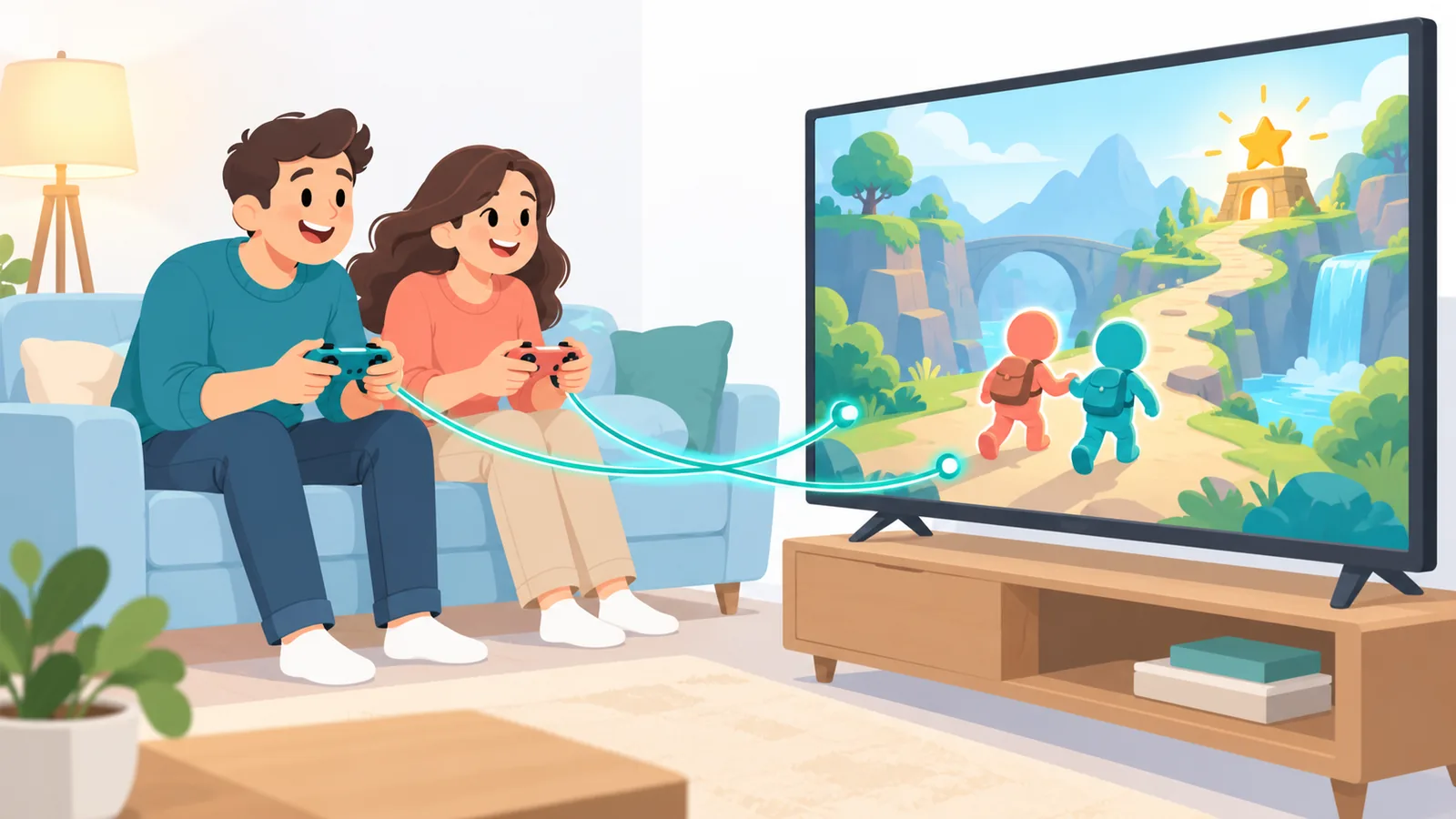 ひとつのテレビ画面を見ながら並んで遊ぶ2人
