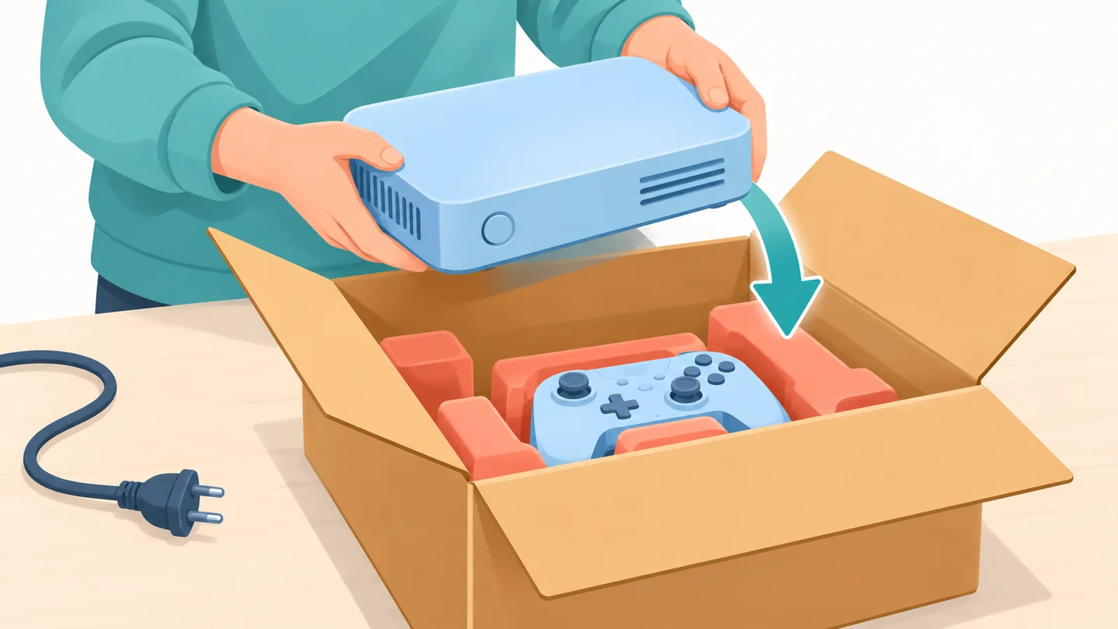テーブルの上でゲーム機を箱に詰めている様子