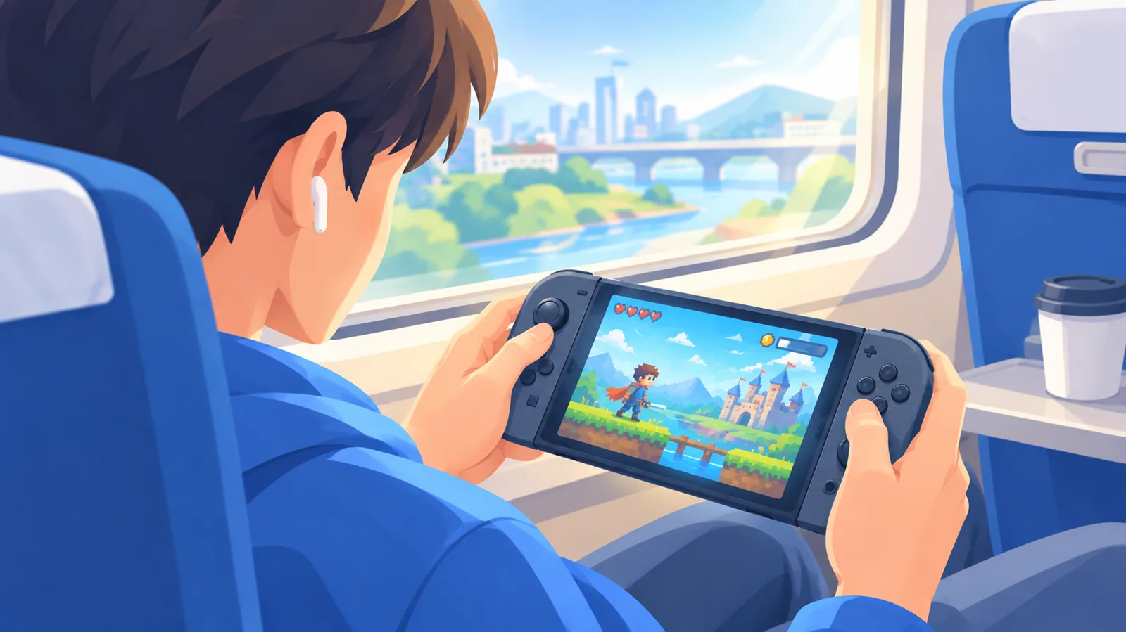 電車の中で短時間のインディーゲームを遊ぶ人