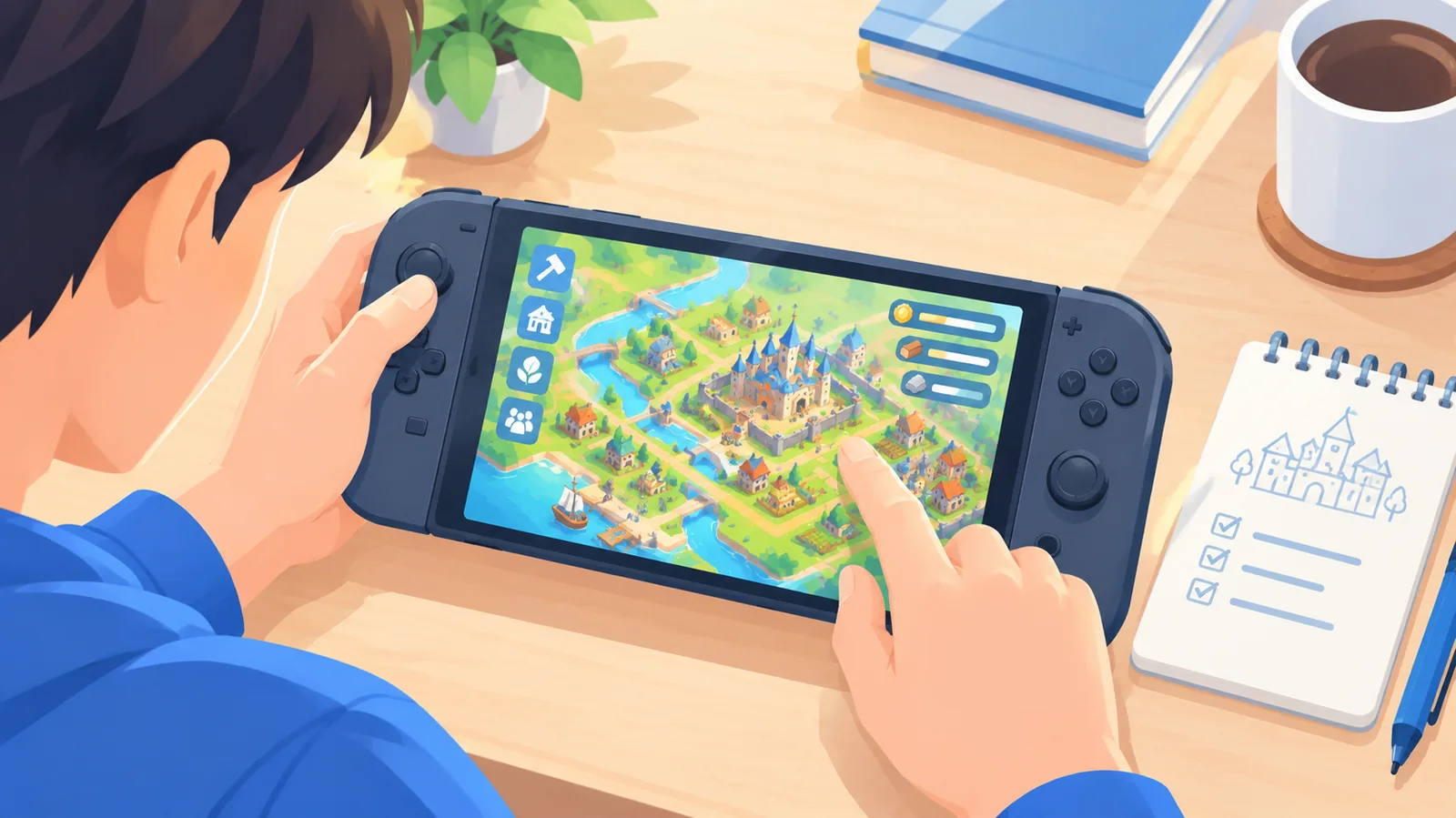 机でストラテジーゲームを操作する手元