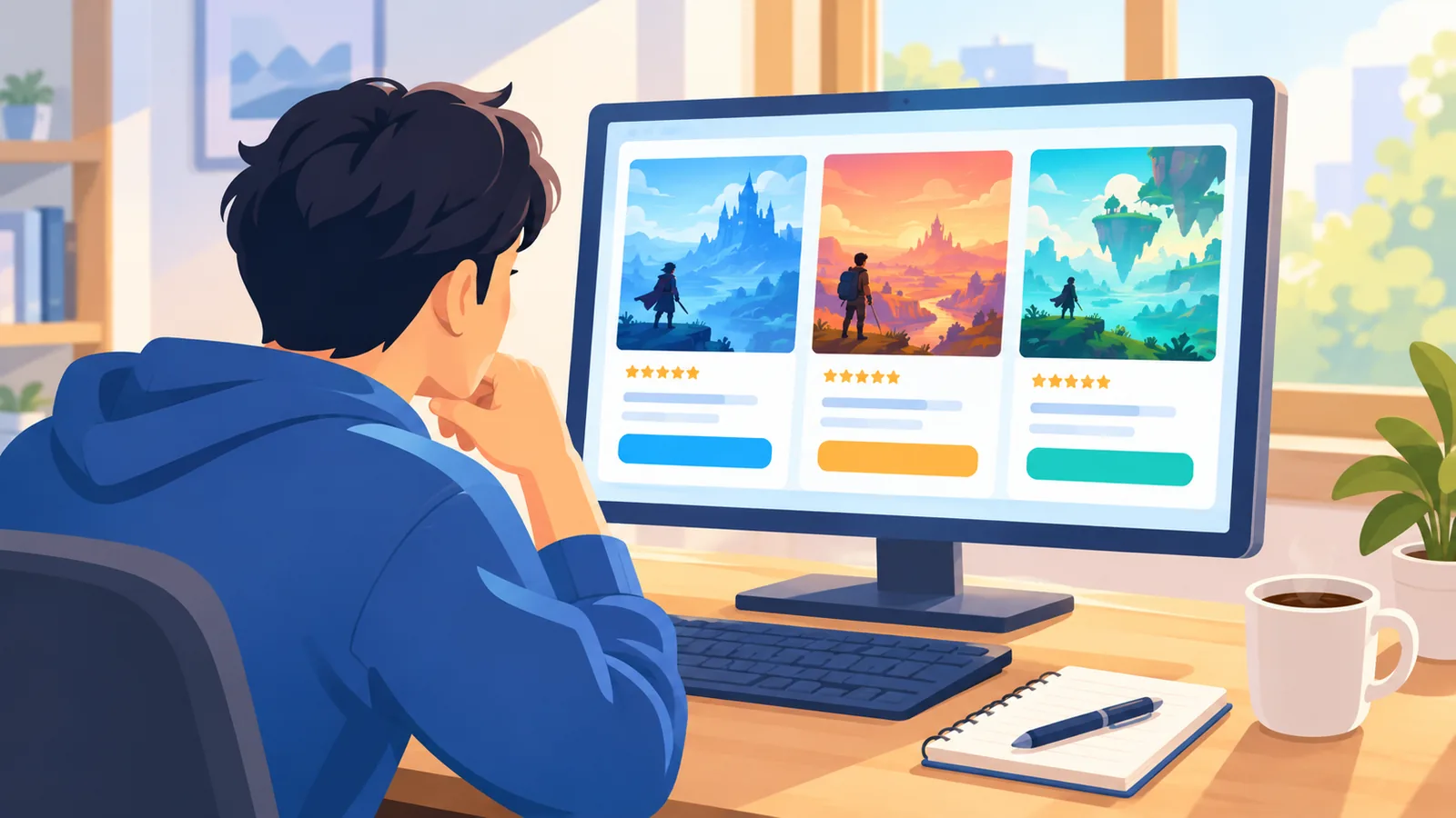 PCでゲームの情報を見比べながら選んでいる様子