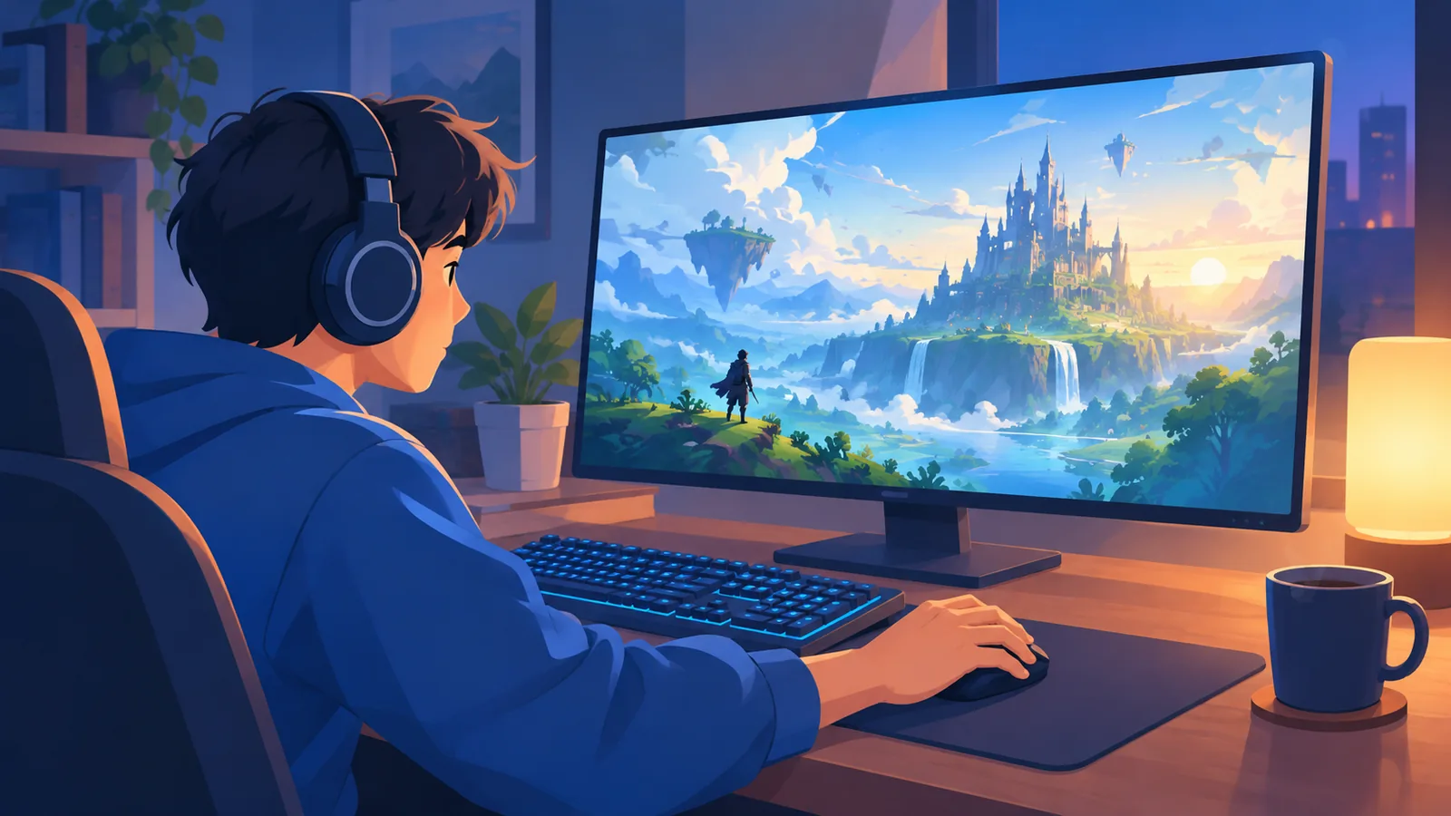 広い世界を探索するゲームプレイの場面