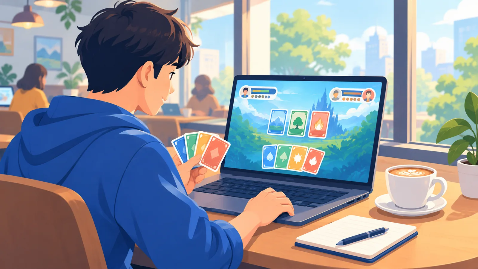 合間にカードゲームを遊ぶ様子