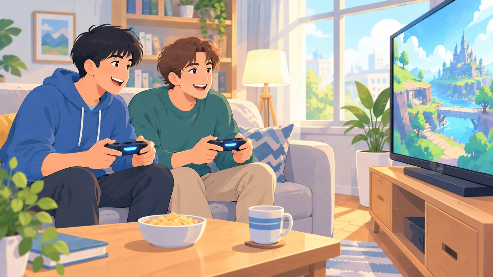2人で協力してゲームを楽しむ様子