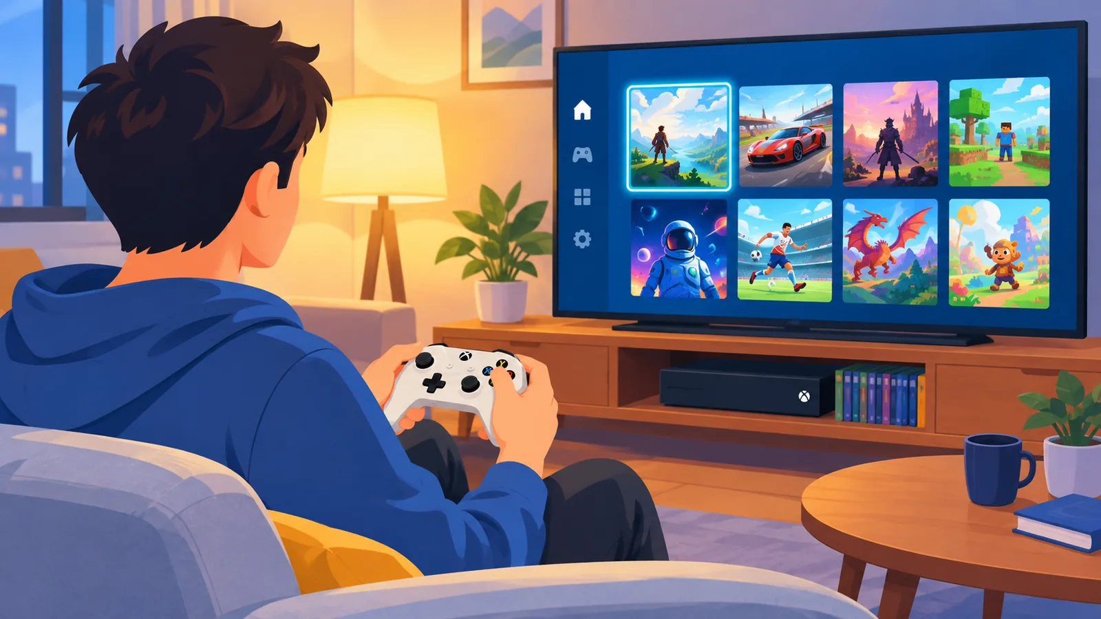 ソファでコントローラーを持ちゲーム選びをする人