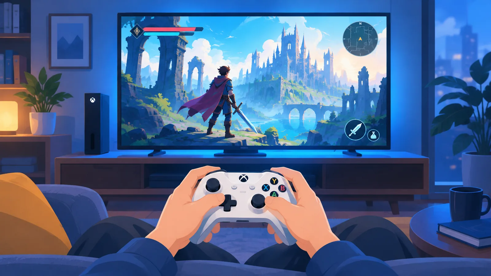 モニターに映るRPGの場面とコントローラーを持つ手