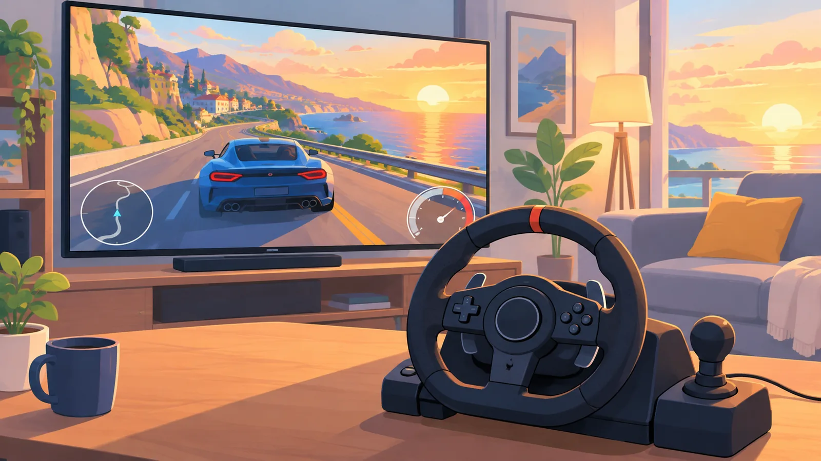 夕暮れの海沿いを走るレースゲームの画面