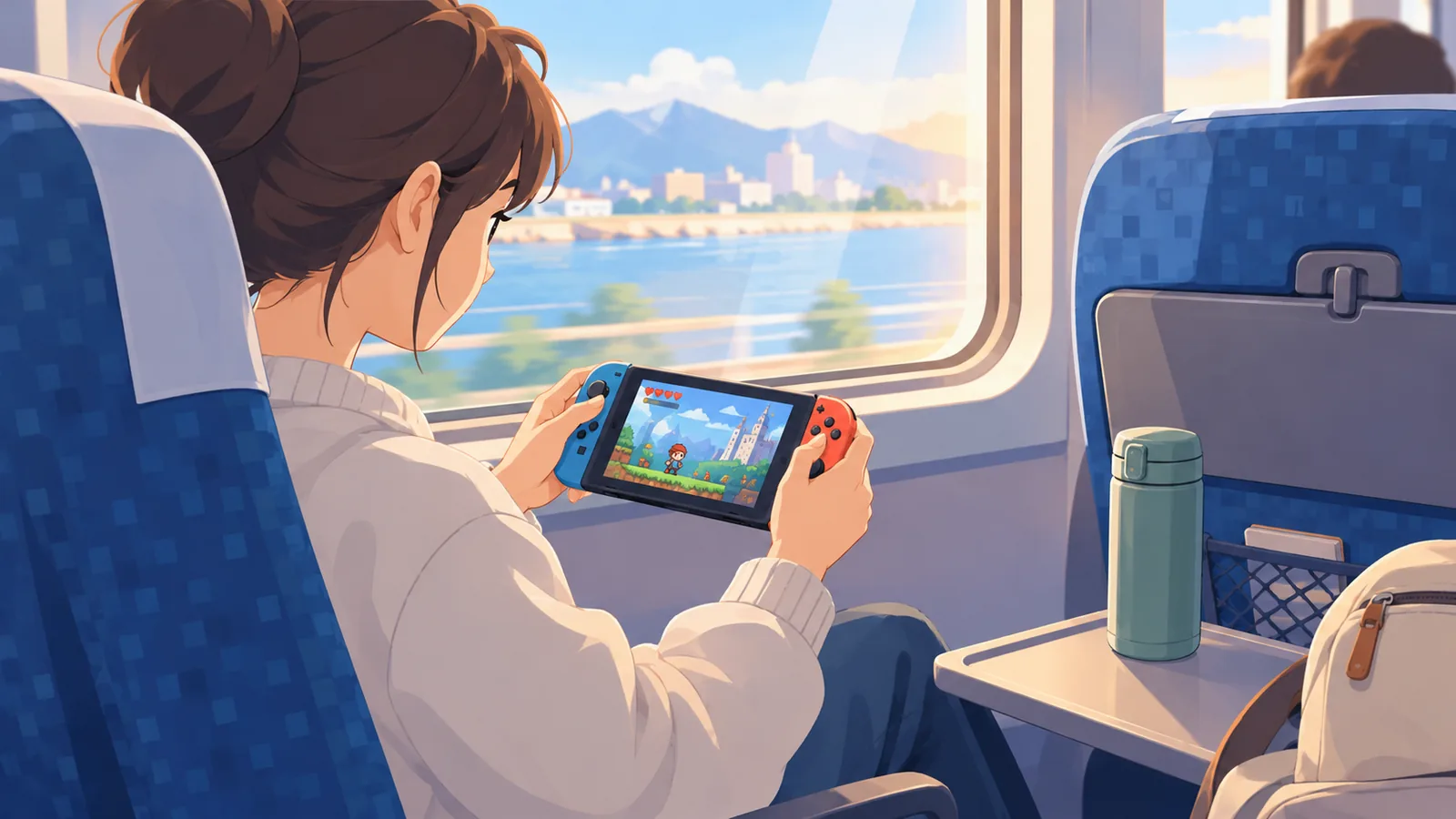 通勤中に携帯機で短時間ゲームを遊ぶ人
