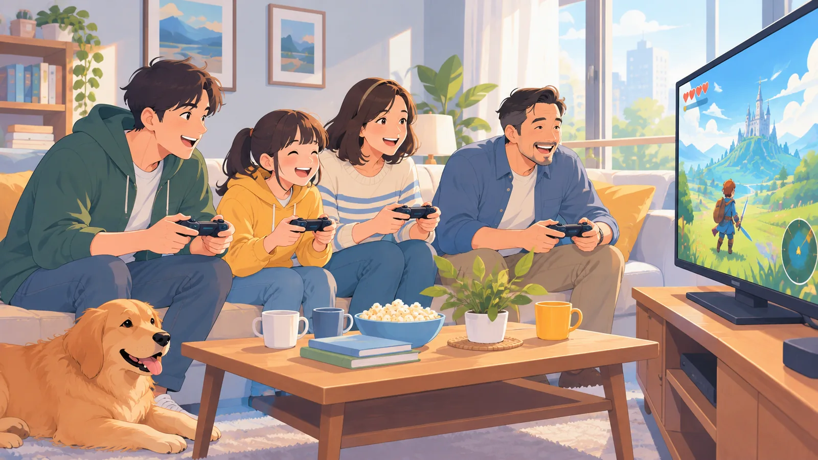 リビングで協力プレイを楽しむ友人と家族