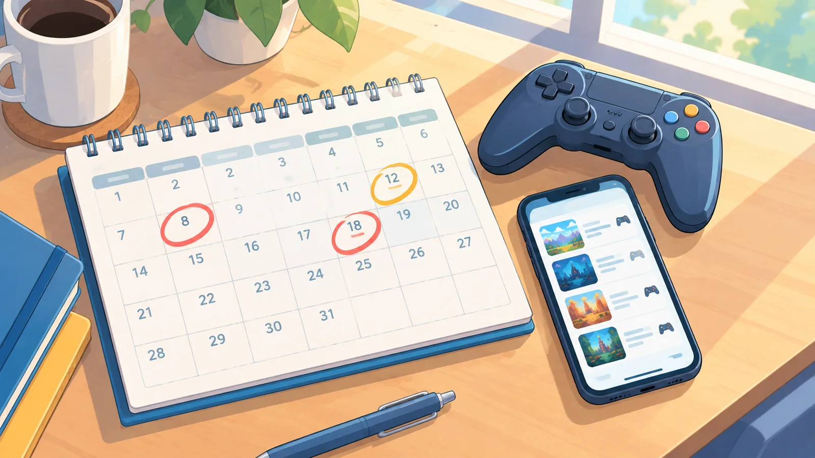 日付に丸を付けたカレンダーとゲーム一覧のスマホ