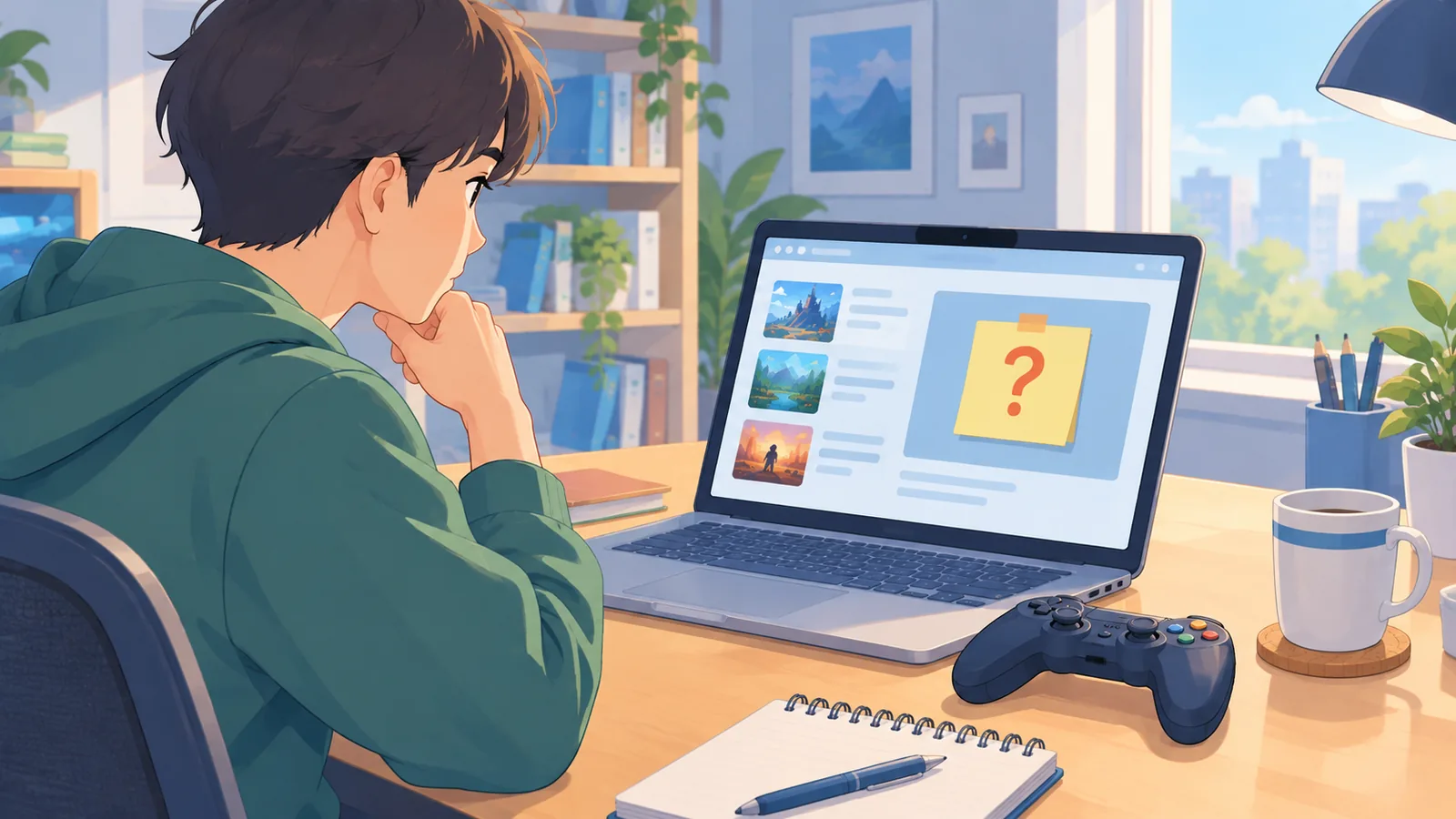 ノートPCの前で疑問を調べる人