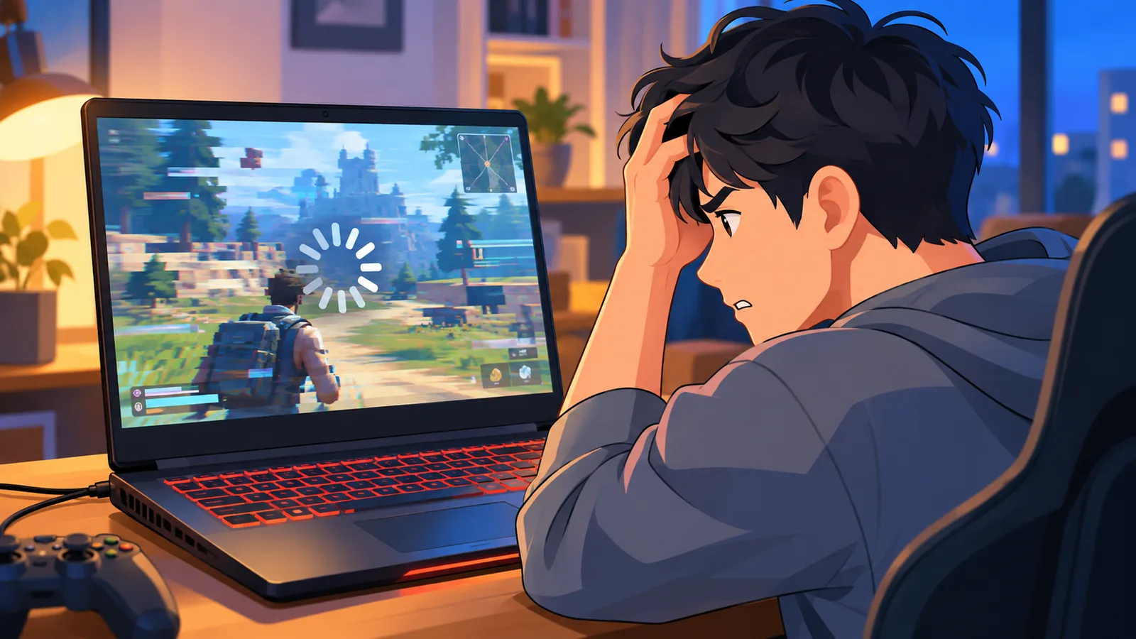 カクつくゲーム画面を見て困っているゲーミングノートの利用者
