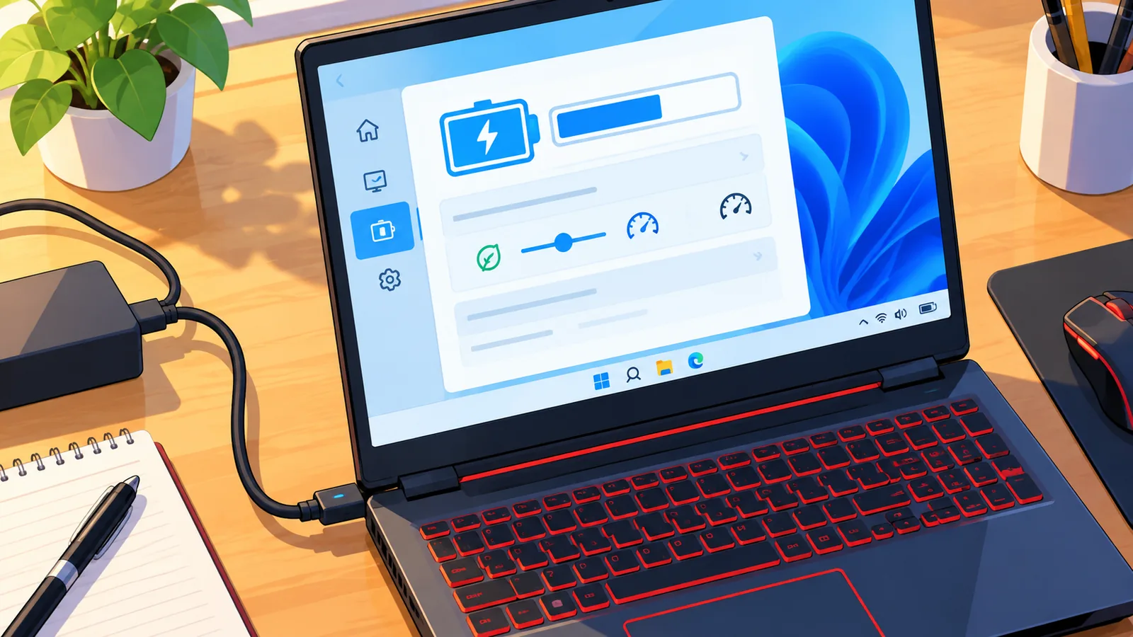 ACアダプターを接続して電源設定を確認するノートPC