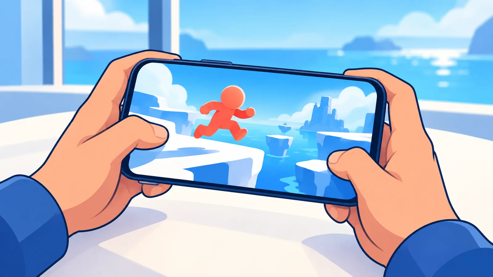 カフェでiPhoneのゲーム画面を見ている人