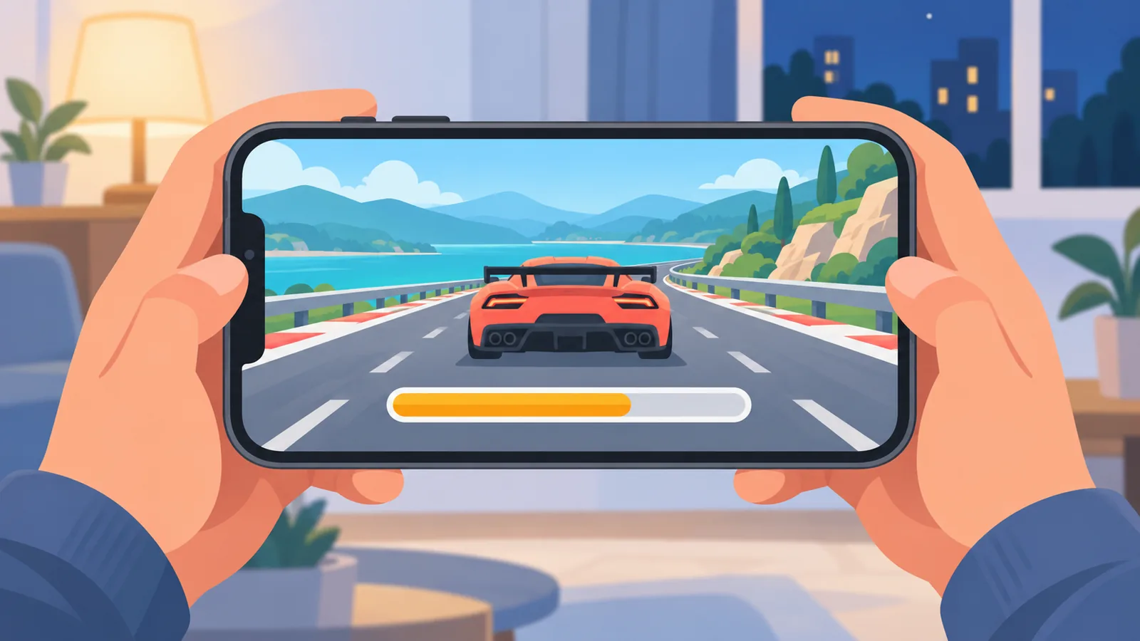 横向きのiPhoneでゲームを起動する様子