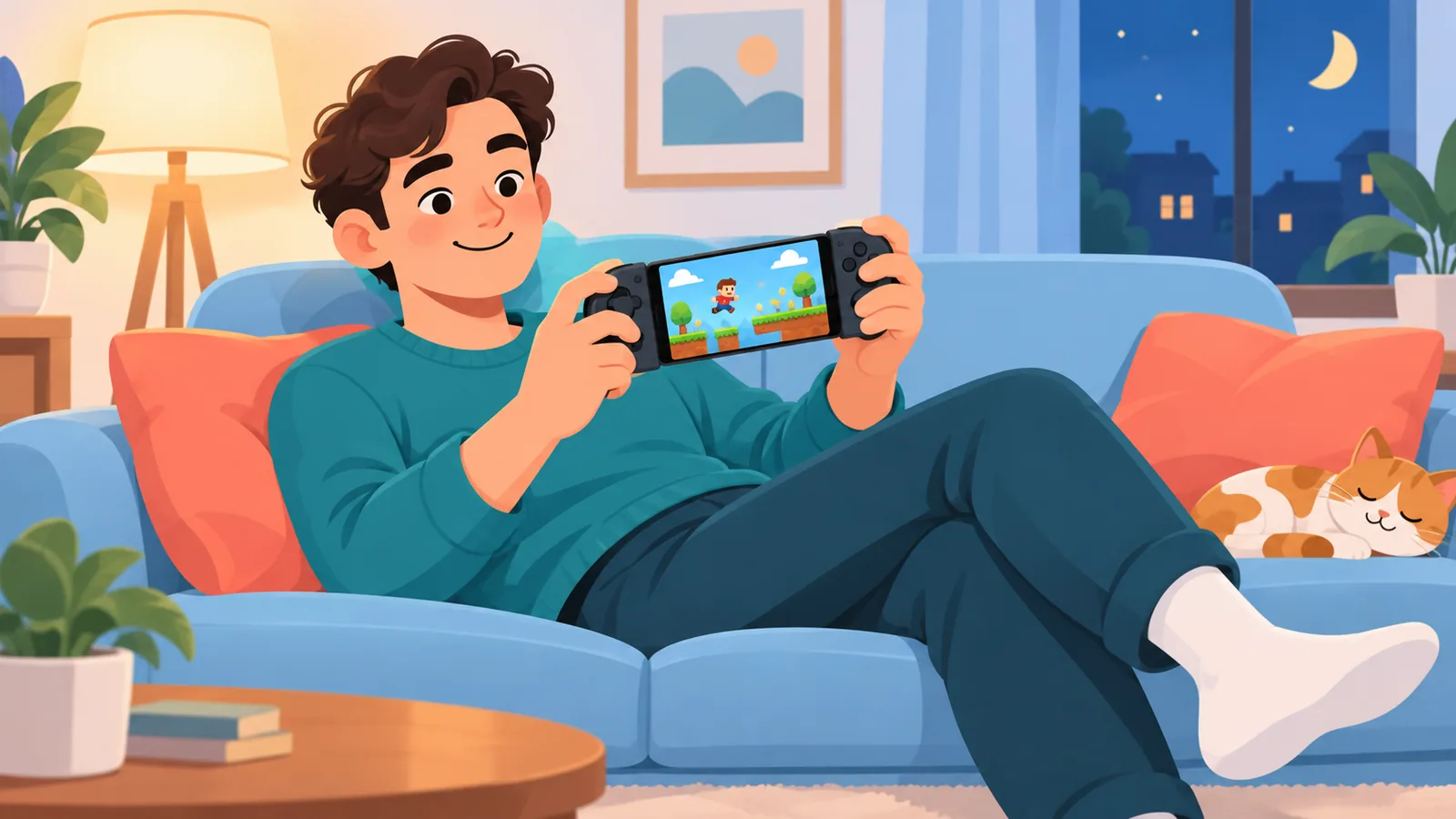 ソファでiPhoneゲームを楽しむ人