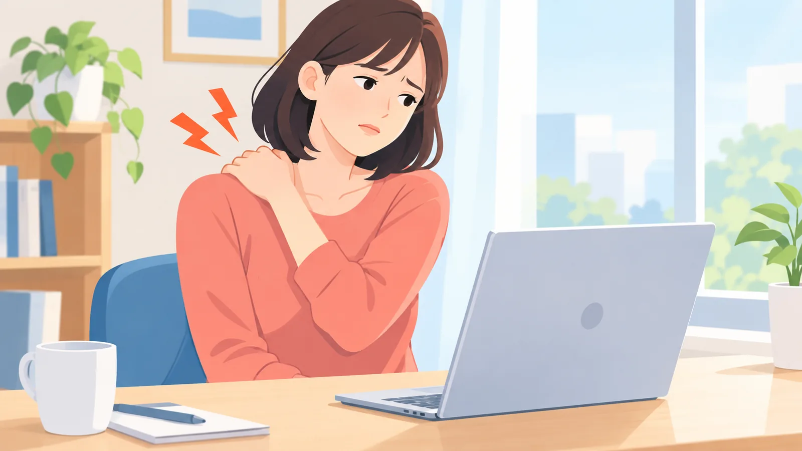 デスクワーク中に背中の姿勢が気になる女性