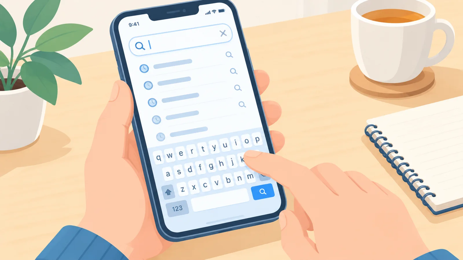 スマートフォンの検索欄に入力する手元