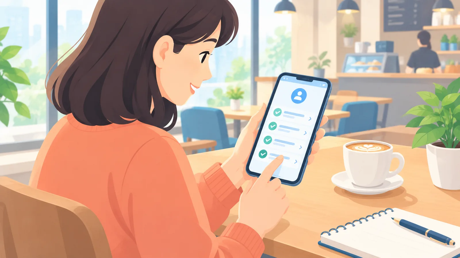 カフェでスマートフォンの回答一覧を読む人