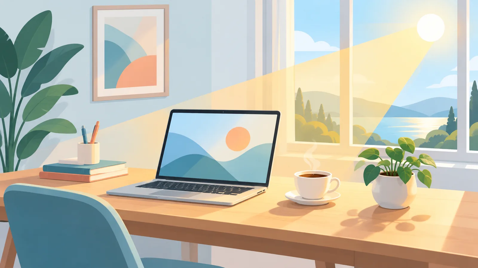整理された机の上のMacBookとコーヒー