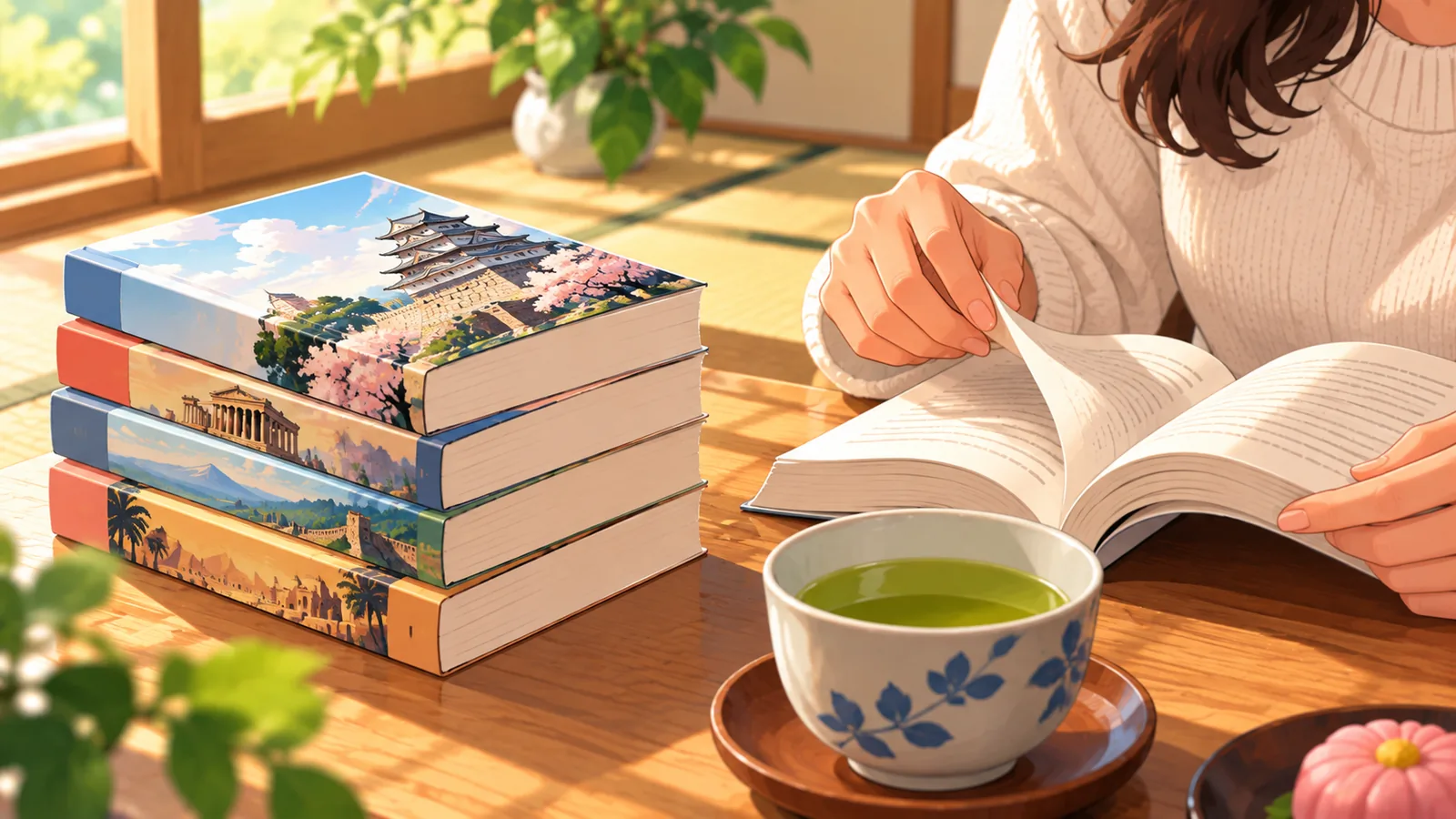 日本史の新書をめくる手と緑茶