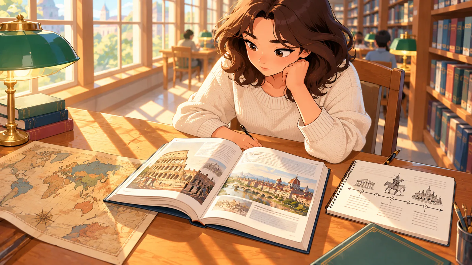 ソファで図解の歴史書を楽しむ読者