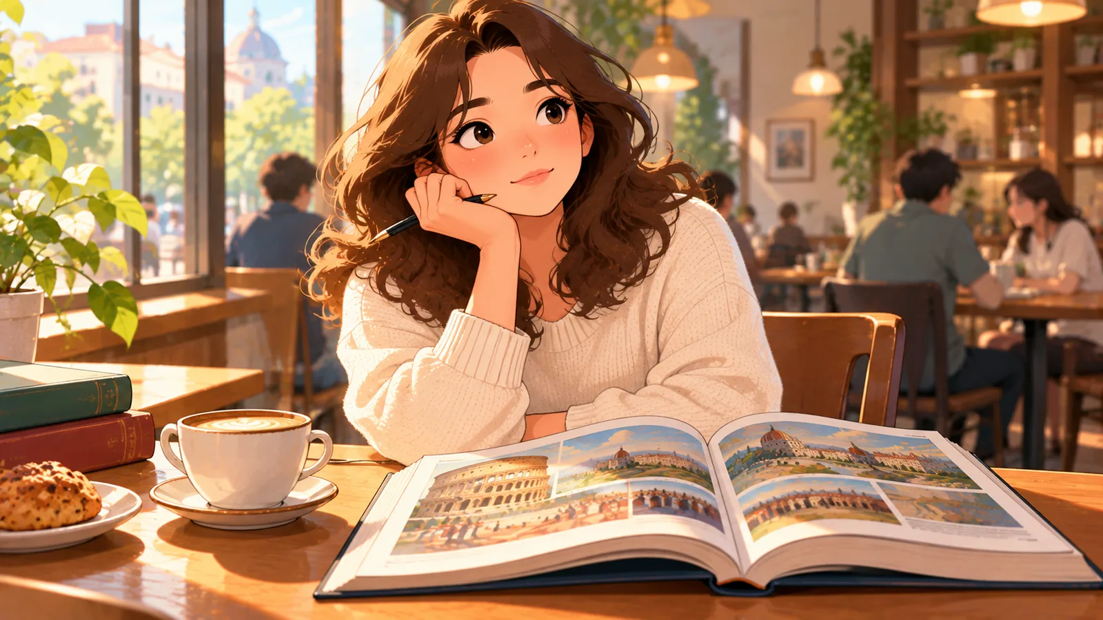 カフェで歴史書を読みながら考える人