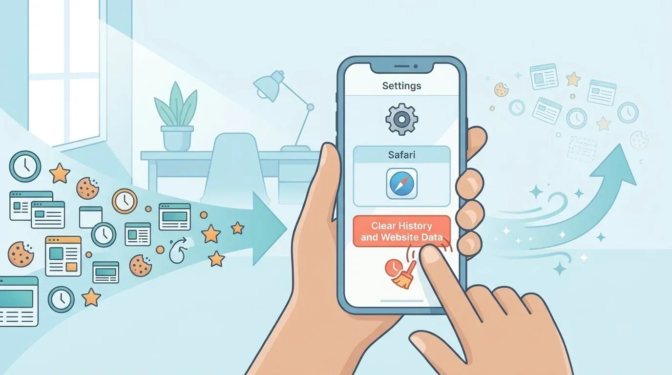 Safariの履歴一覧から見たいページを選んでいる手元