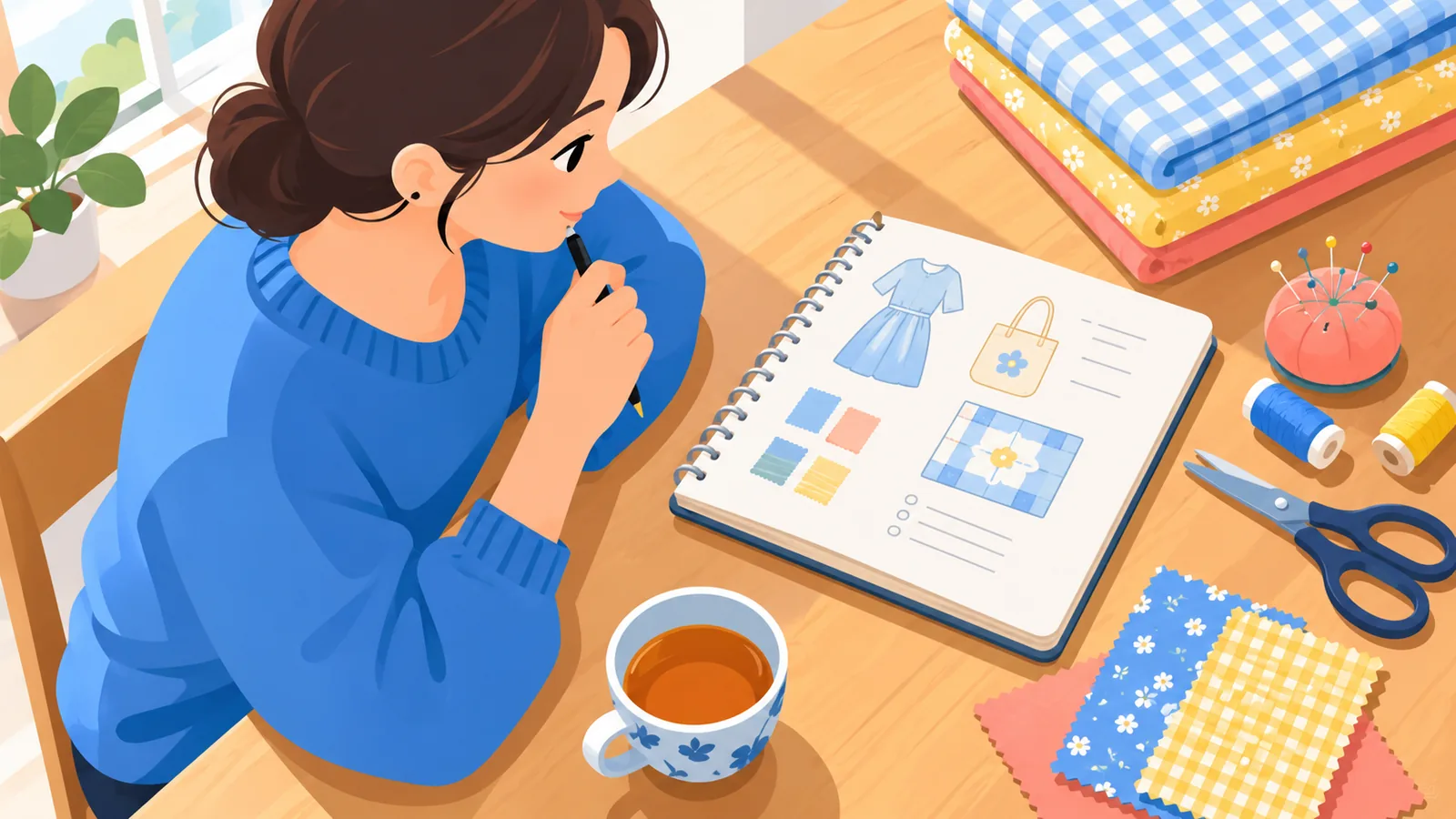 手芸の計画をノートに書き出す女性