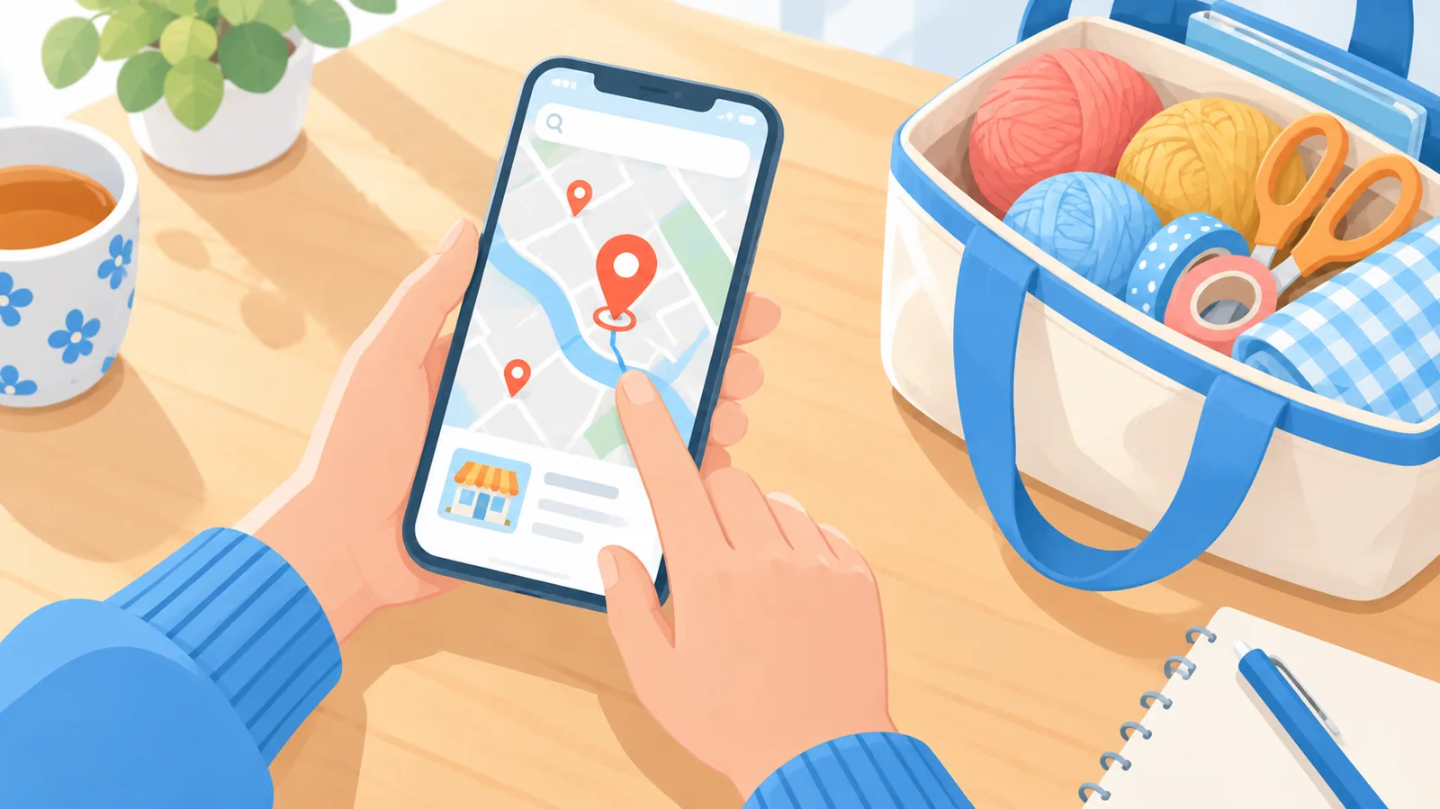スマートフォンの地図で手芸店を探す手元