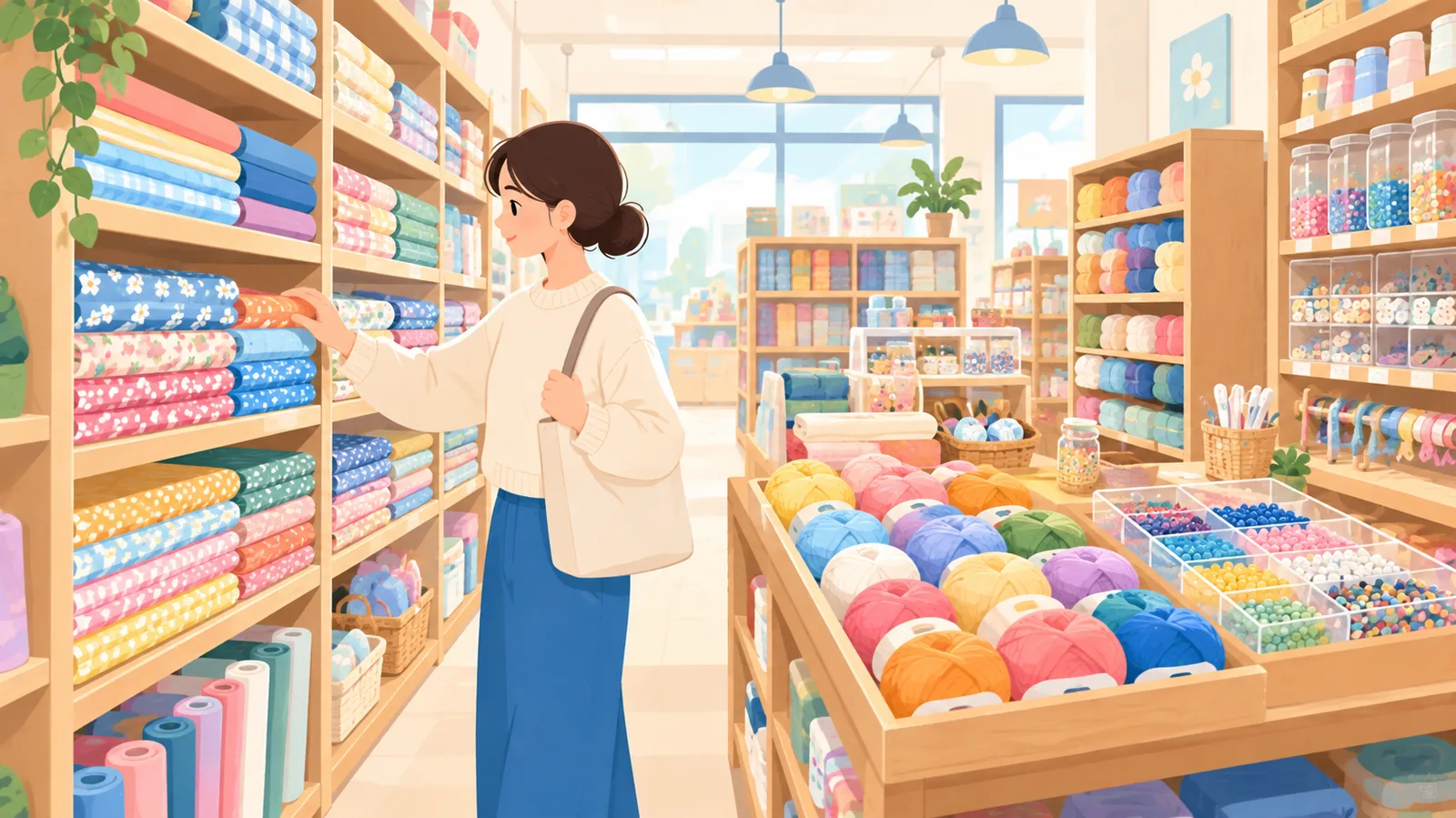 生地・毛糸・ビーズが並ぶ手芸店の棚