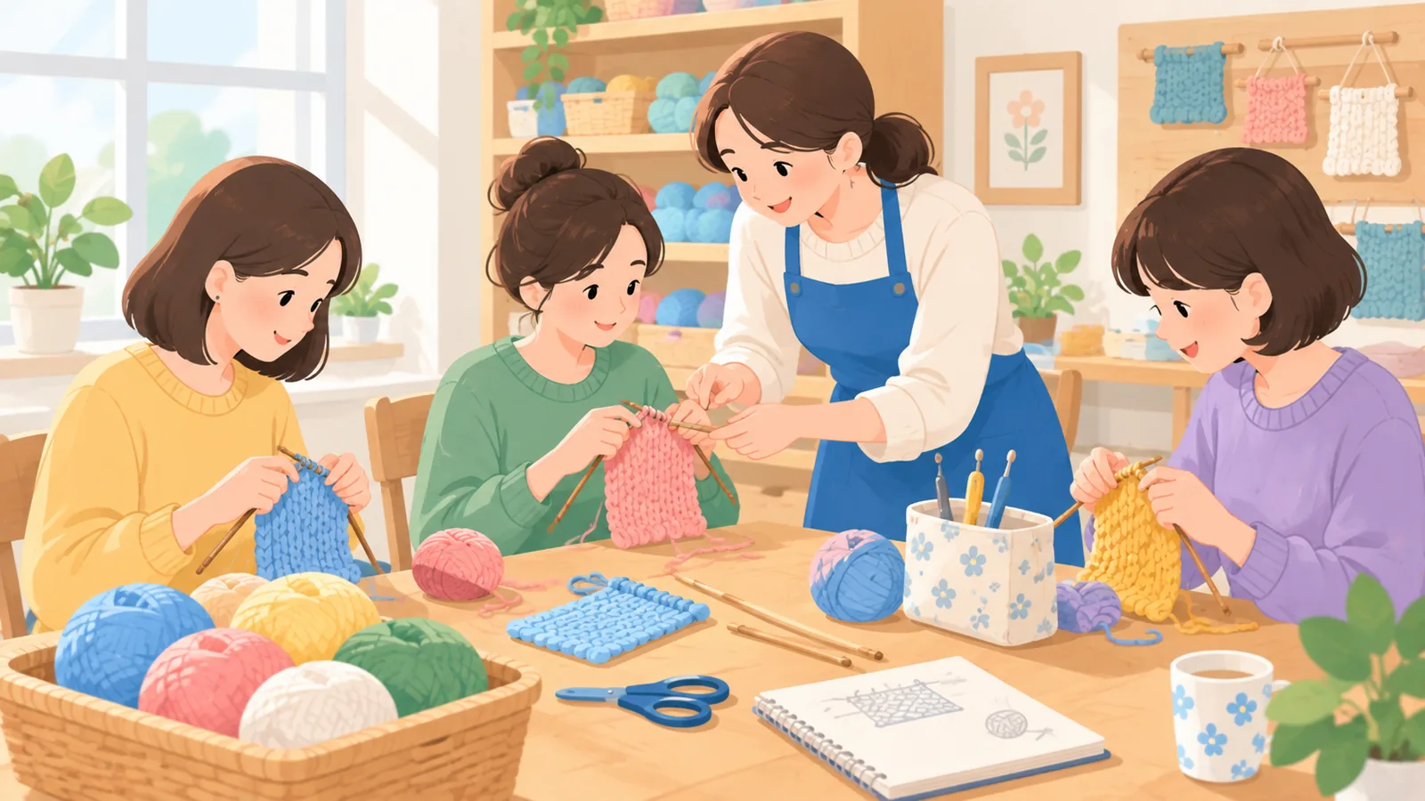 手芸教室で編み物を学ぶ初心者