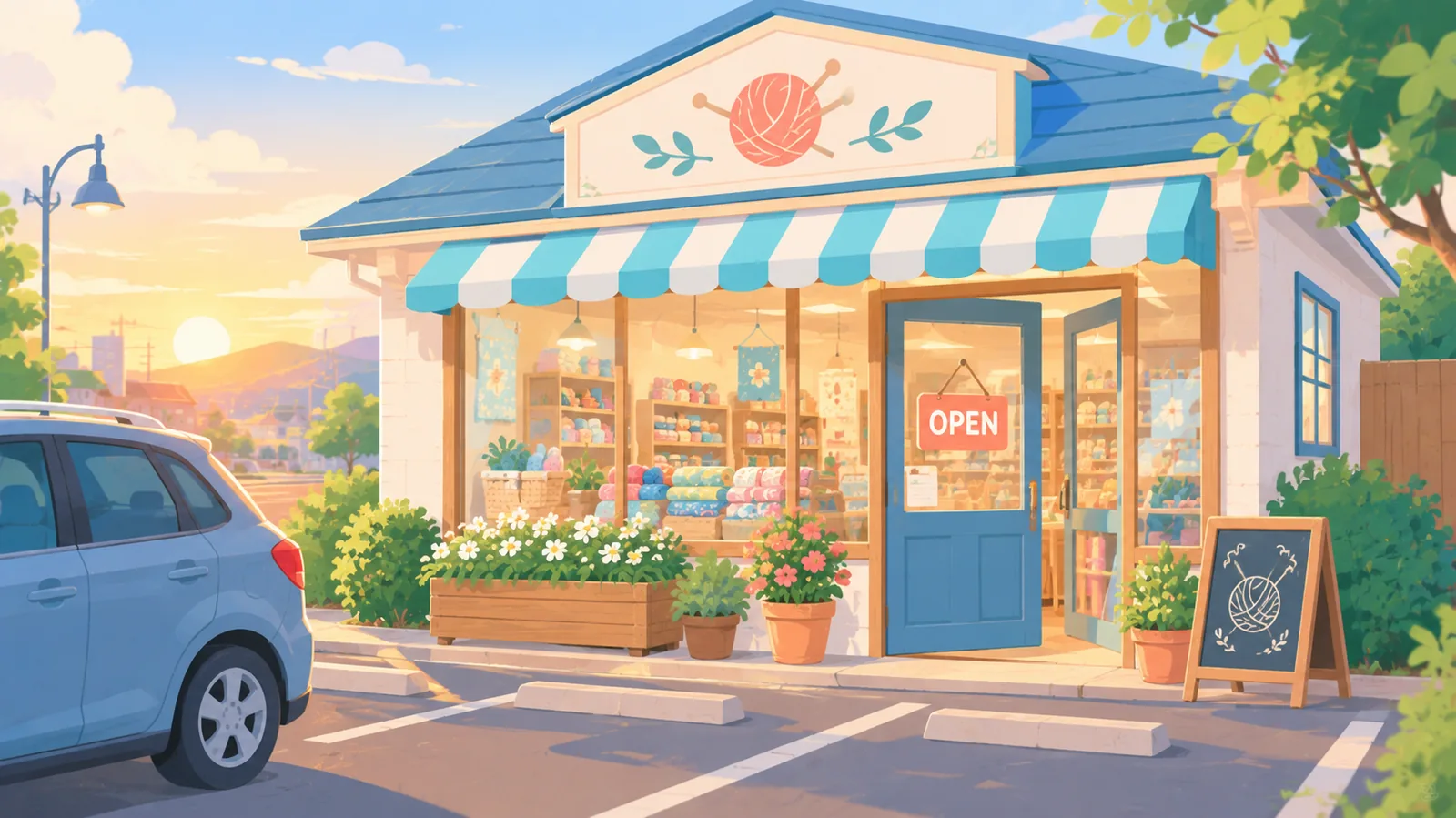 駐車場のある手芸店の外観