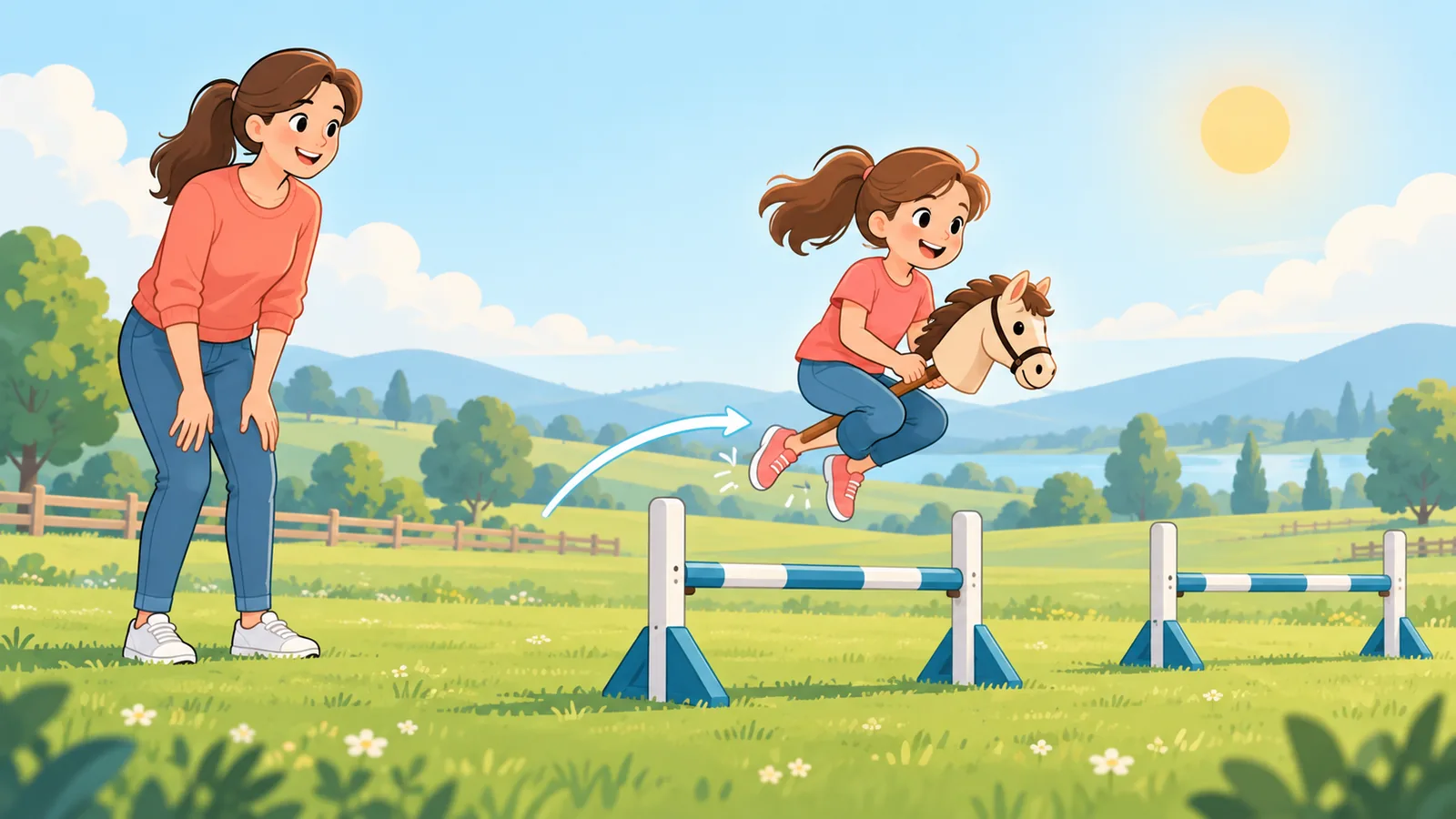 保護者が見守る中、子どもが芝生でホビーホースの練習をしている様子