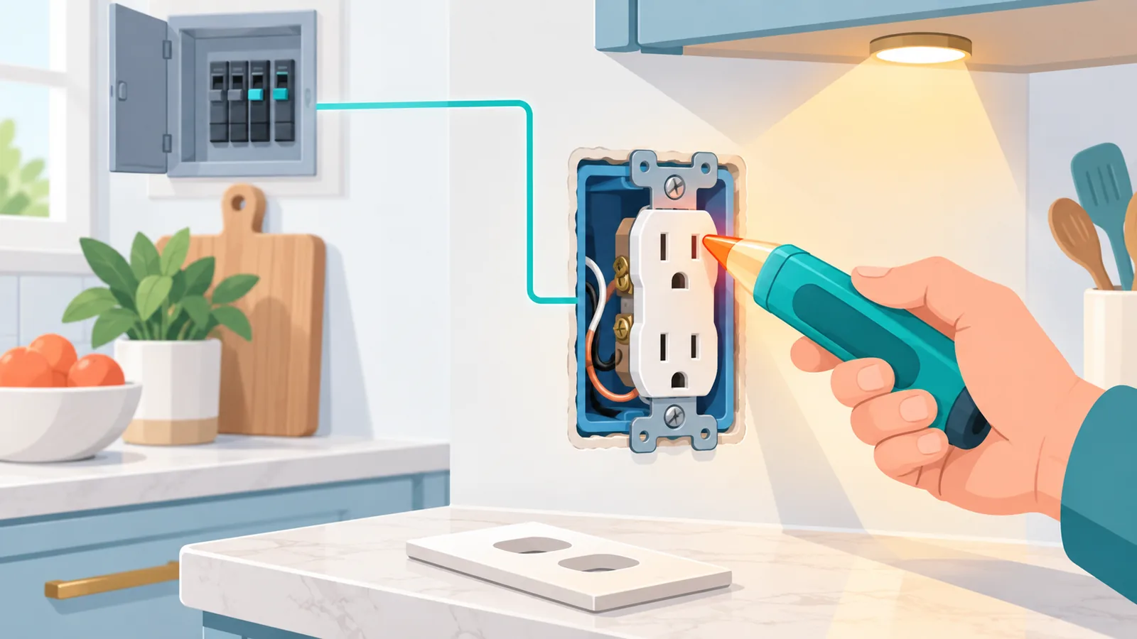 ブレーカーを切り検電器でコンセントを確認する手元