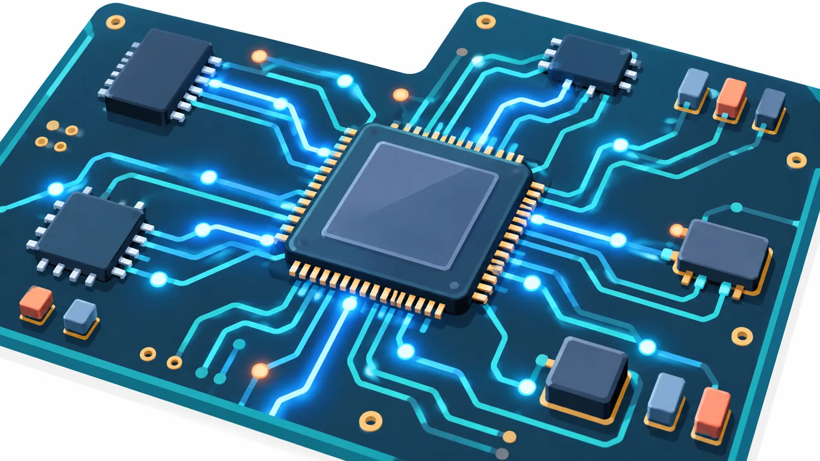 青い光の回路が走る半導体基板